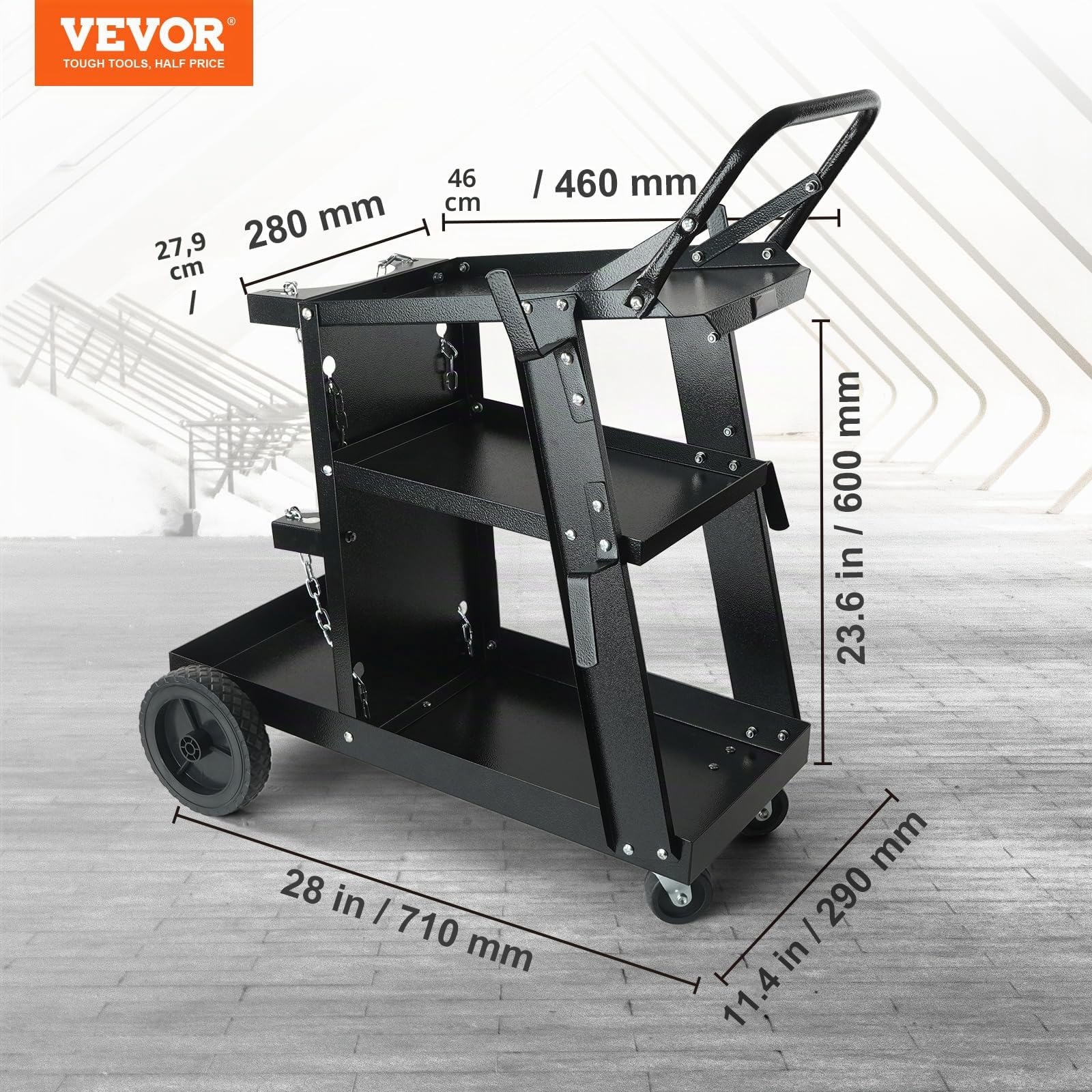 VEVOR Carro de Soldadura de 3 Niveles Carro de Estación de Soldadura 181,4 kg Capacidad de Carga Ruedas de 360° Cadenas Depósitos de Seguridad Carro de Soldadura MIG para Taller TIG ARC MMA Plasma