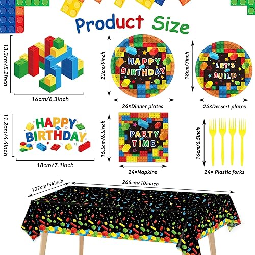 Miniatura 3 de Juego de 146 piezas de bloques de construcción para fiesta de cumpleaños, decoraciones de ladrillo de cumpleaños para niños, platos de papel,