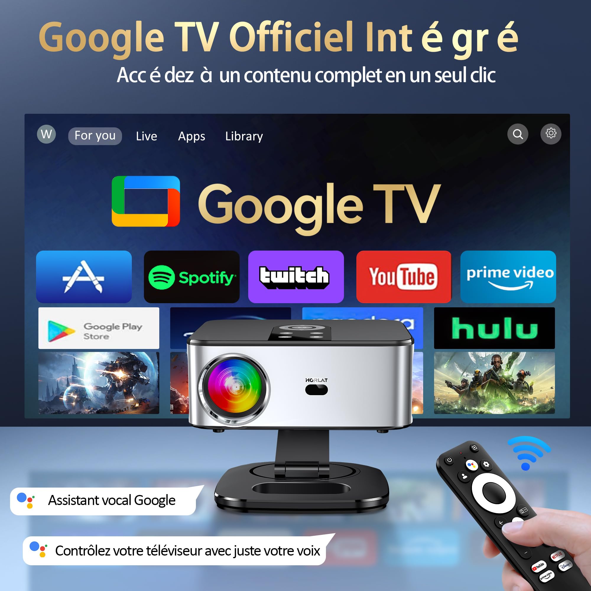 Videoprojecteur【1500 ANSI/Google TV/Netflix Officiel】 Projecteur 4K Supporté Auto Focus, Google Play Contrôle Vocal, Projector WiFi6 Bluetooth5.2, Retroprojecteur 38000 Lumen Home Cinéma