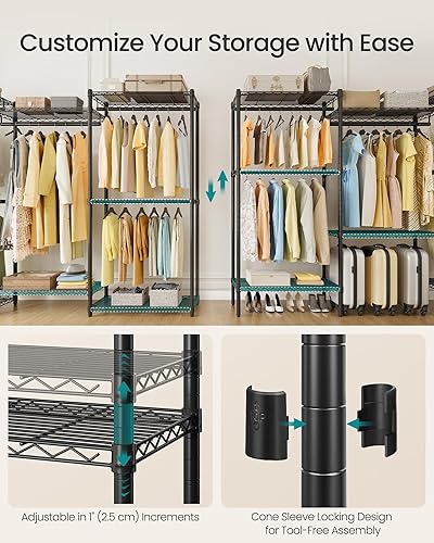 Miniatura 4 de SONGMICS Perchero de alta resistencia, perchero para ropa, armario portátil, estante de ropa de 86.4 pulgadas de ancho con estantes de malla