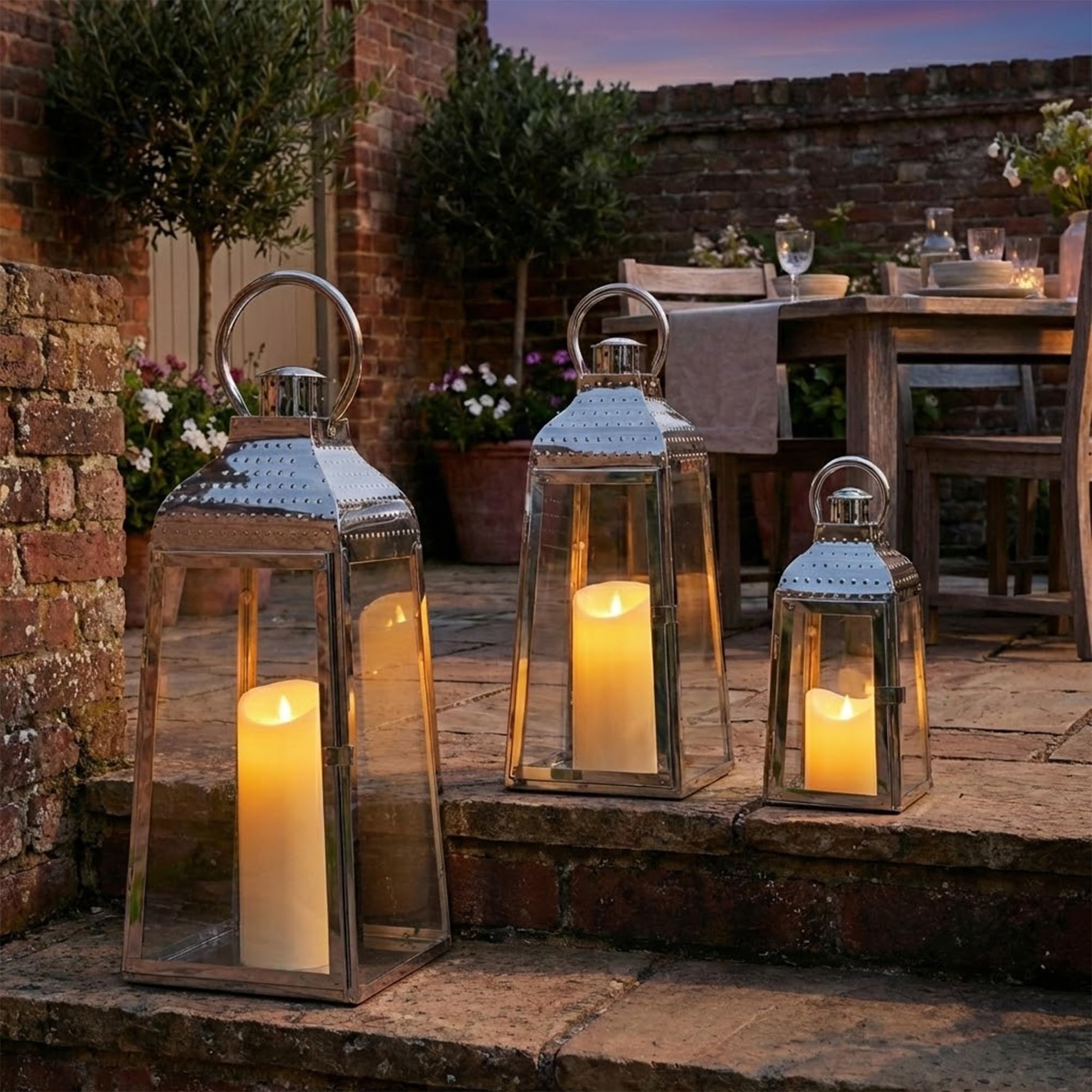 Trirocks Silver Set Of 3 Stainless Steel Candle Lanterns 52Cm & 41Cm & 30Cm H Decorative Candle Holders With Tempered Glass For Indoor Outdoor Porch Garden Parities Wedding Events (Silver)