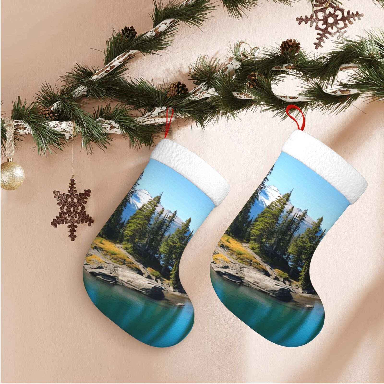 Fodpand Boys Black Spirit Island In Lake Christmas Stockings Hanging Ornaments For Holiday Decor, 18 Inches Velvet Xmas Stocking With White Plush Cuff, Candy Gift Bags For Christmas Decorations