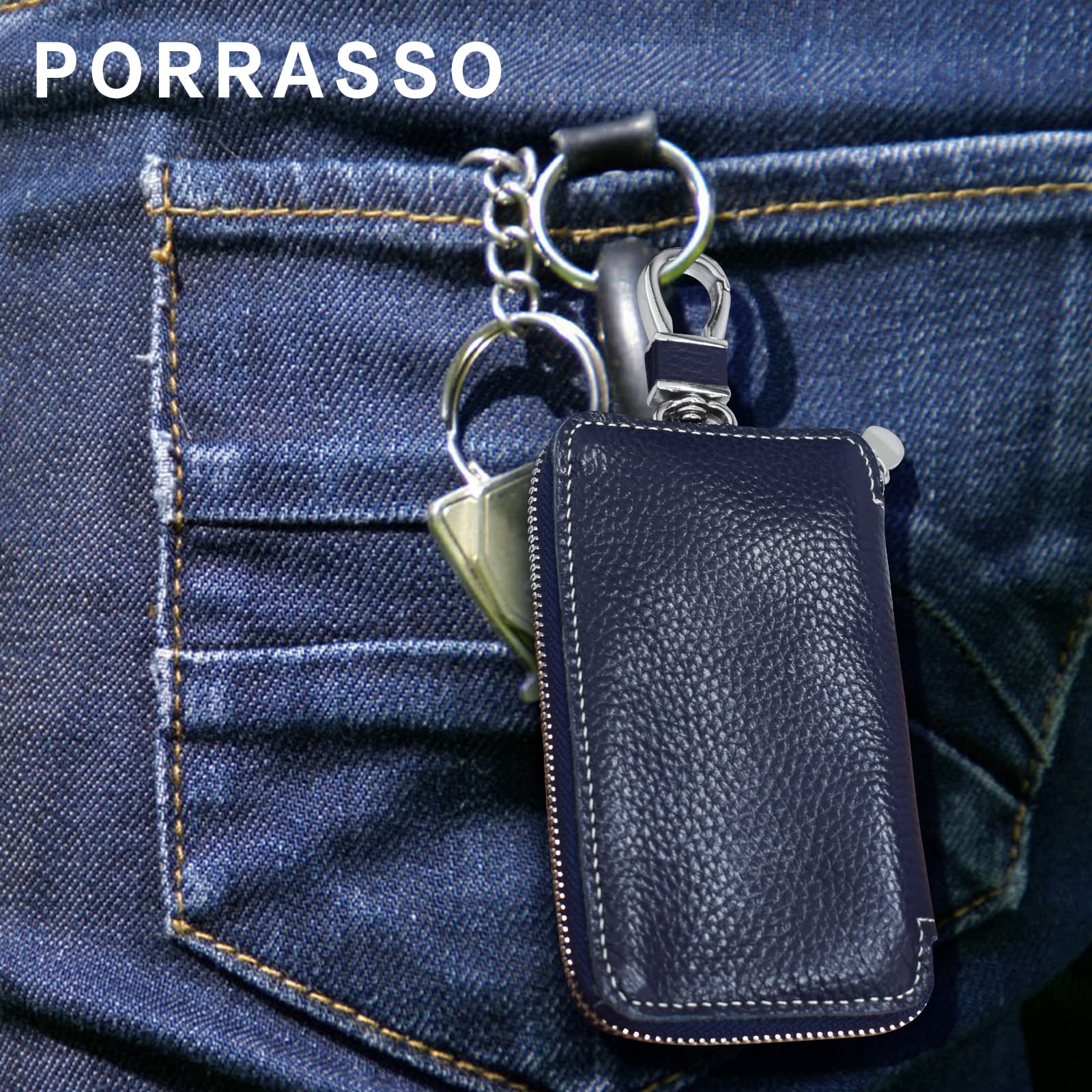Astuccio Portachiavi Vera Pelle Auto Del Sacchetto Portachiavi Uomo Portatile Sacchetto Chiave Key Case con 6 Gancio Blu