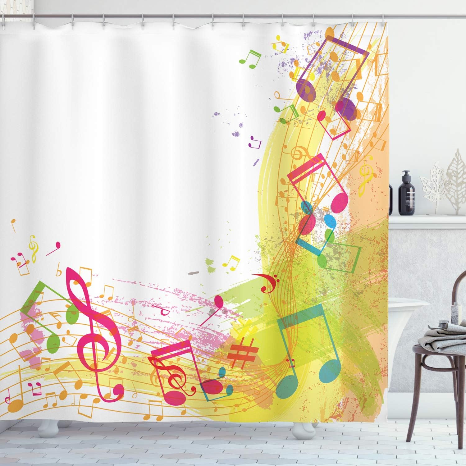 Ambesonne Music Shower Curtain, Abstract Grunge Style Music Themed Artwork with Notes Cheerful Modern Illustration, Cloth Fabric Bathroom Decor Set with Hooks, 69" W x 84" L, Pale Yellow