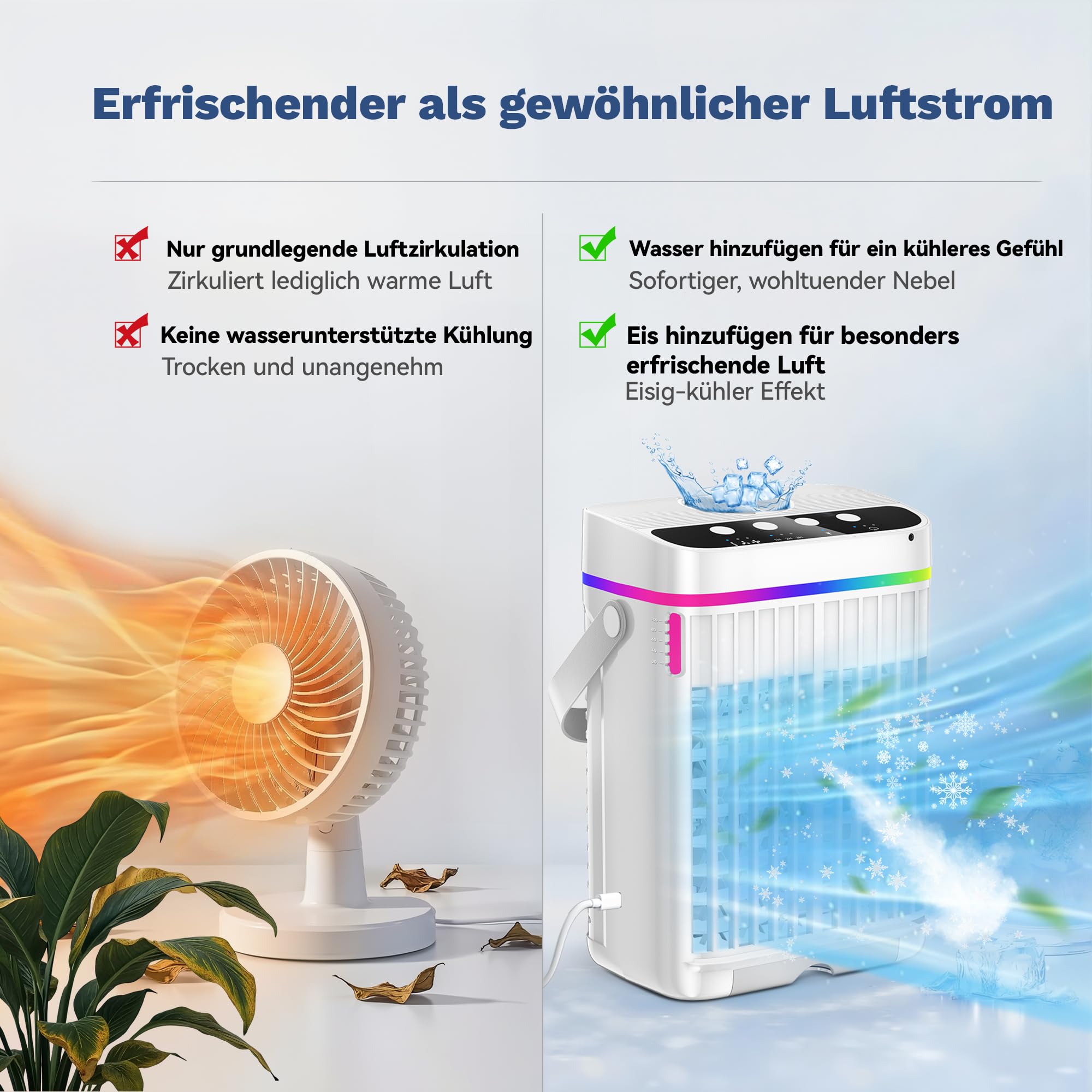 Mobile Klimaanlage 1250 ML, 4 In1 Mini Klimaanlage für Zimmer, Tragbare Mobile Klimagerät mit 1-3 H Timer, 7 Farben, 3 Geschwindigkeiten & 3 Nebelmodi, Leise Mini Luftkühler für Zuhause Büro Reisen