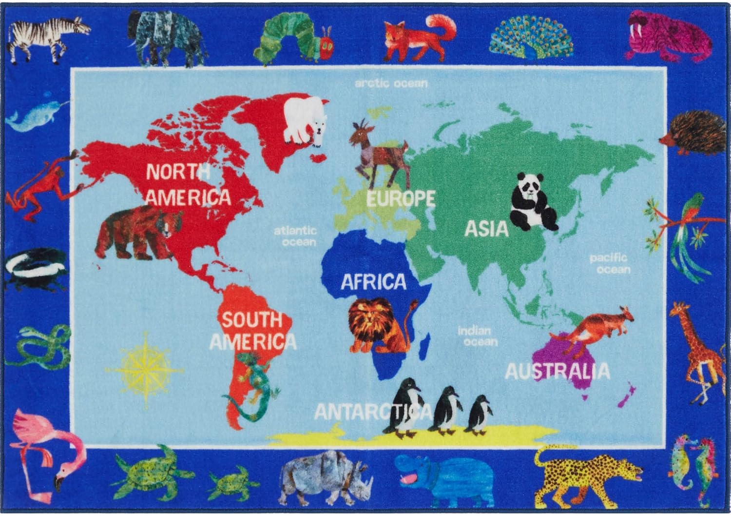 Eric Carle Elementary World Map Kids Machine Washable Area Rug Blue/Red, 6'6"x9'5" 6'6" x 9'5"