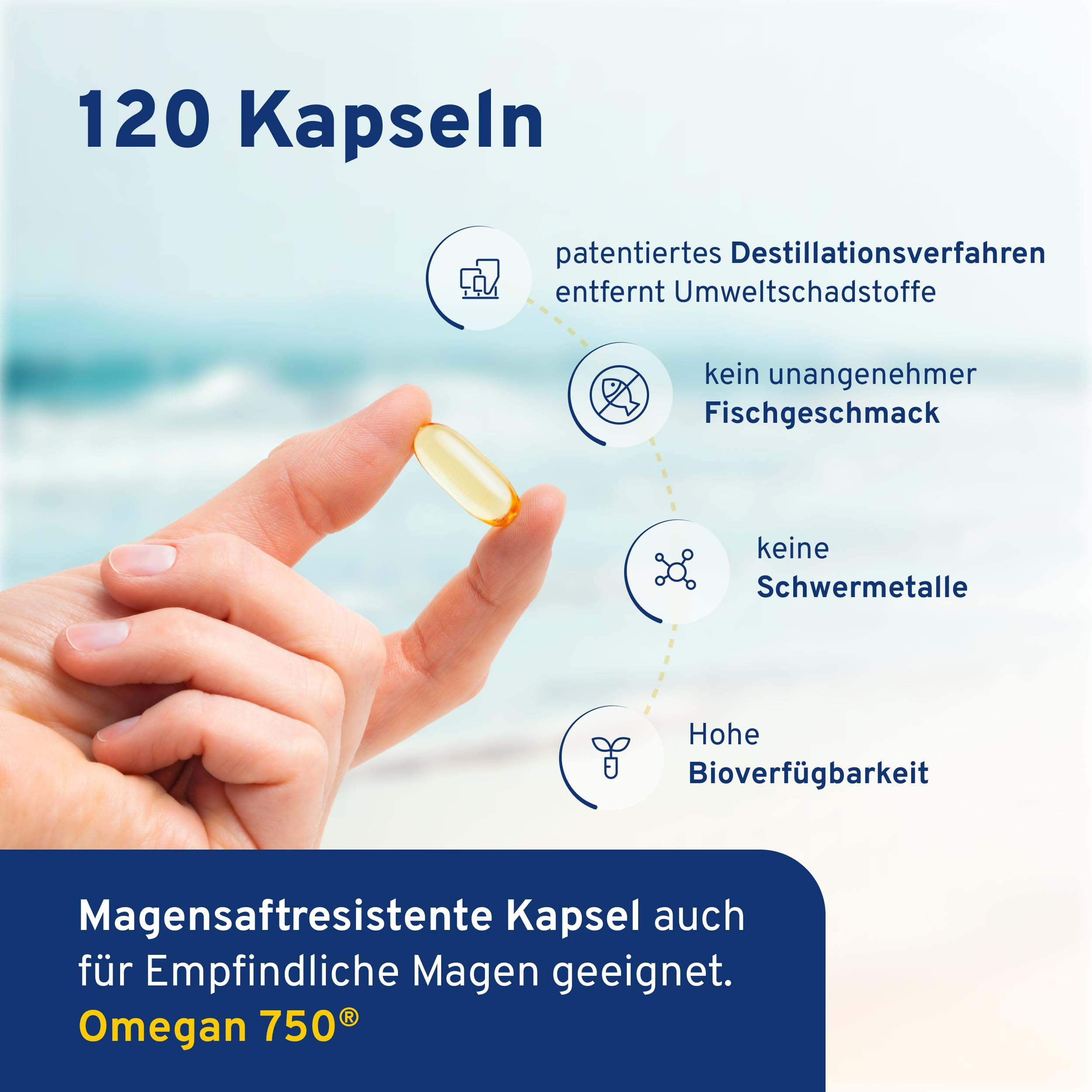 Omega 3 aus Fischöl frei von Antibiotika (120 Kapseln) - nachgewiesene Qualität nach EU-Arzneimittelstandard - 750 mg EPA & DHA pro Kapsel - patentiertes Destillationsverfahren entfernt Schadstoffe