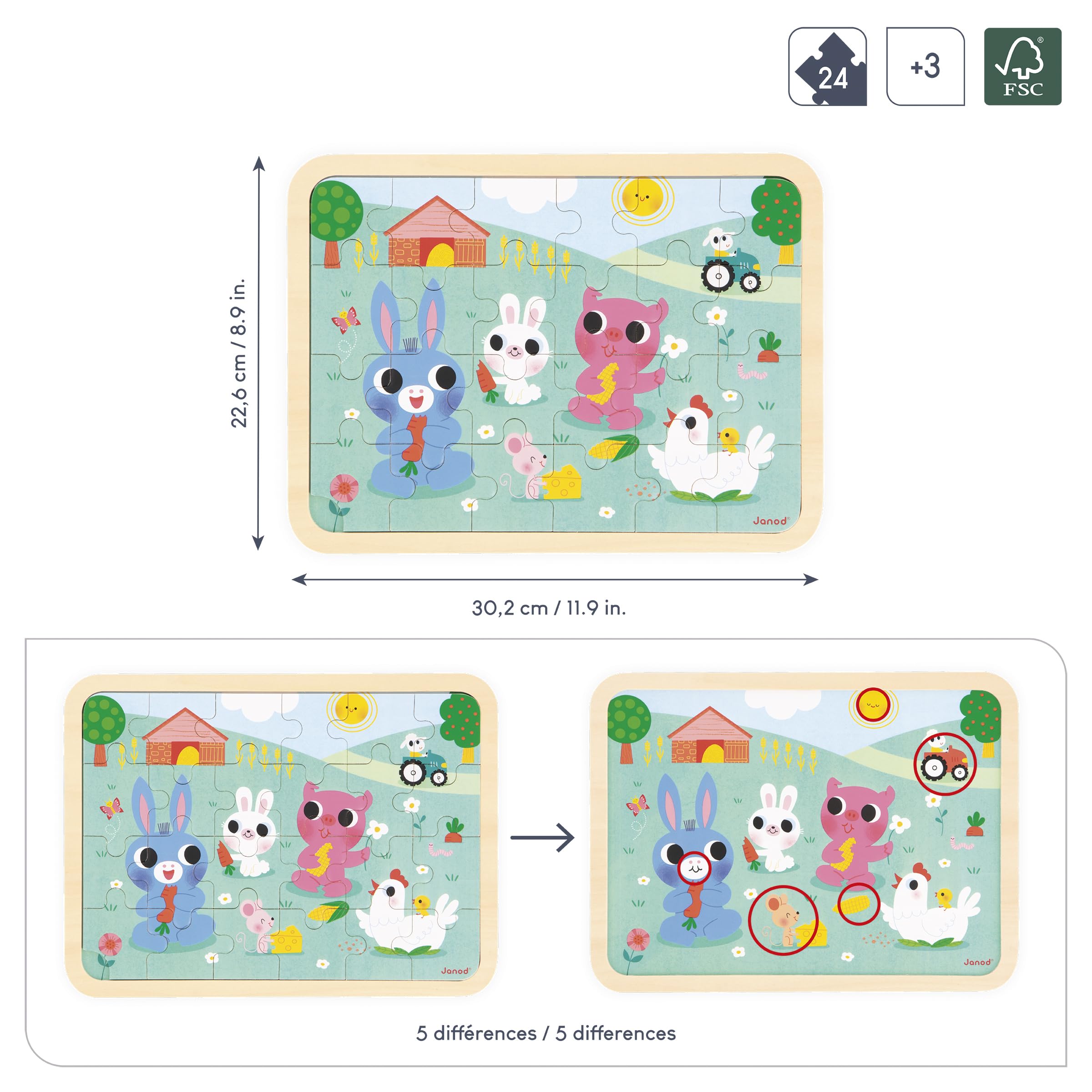 Janod, Wooden Puzzle 24 Pieces Children From 4 years, Farm Theme, Model included + 5 Errors Game on the Board - Image 3