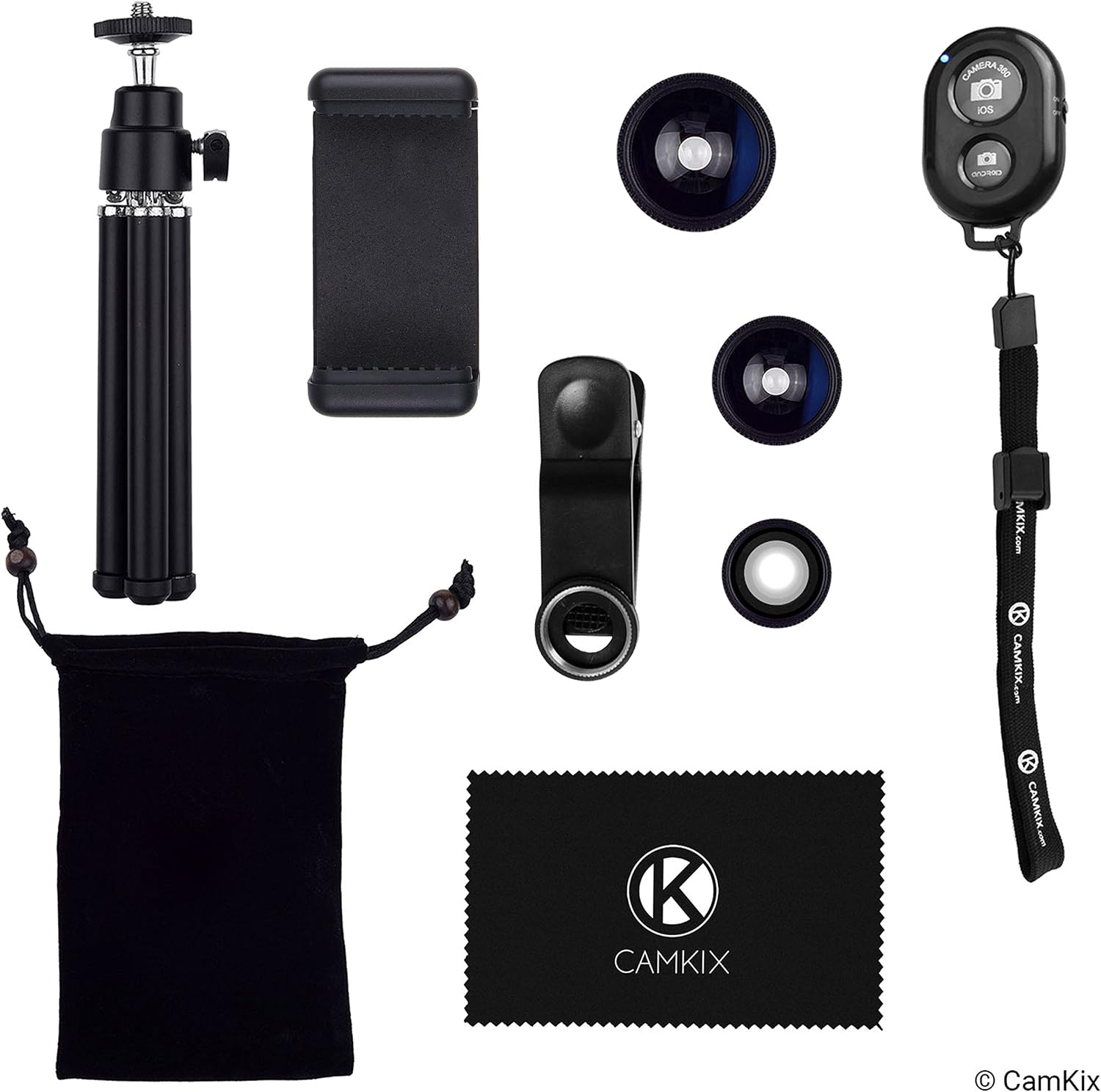 Universal 3in1 Camera Lens Shutter Remote + Tripod Kit for Smartphones, Including Bluetooth Camera Remote, Fish Eye, 2in1 Macro and Wide Angle, Lens Clip, Tripod, Phone Holder, Bag and Cleaning Cloth