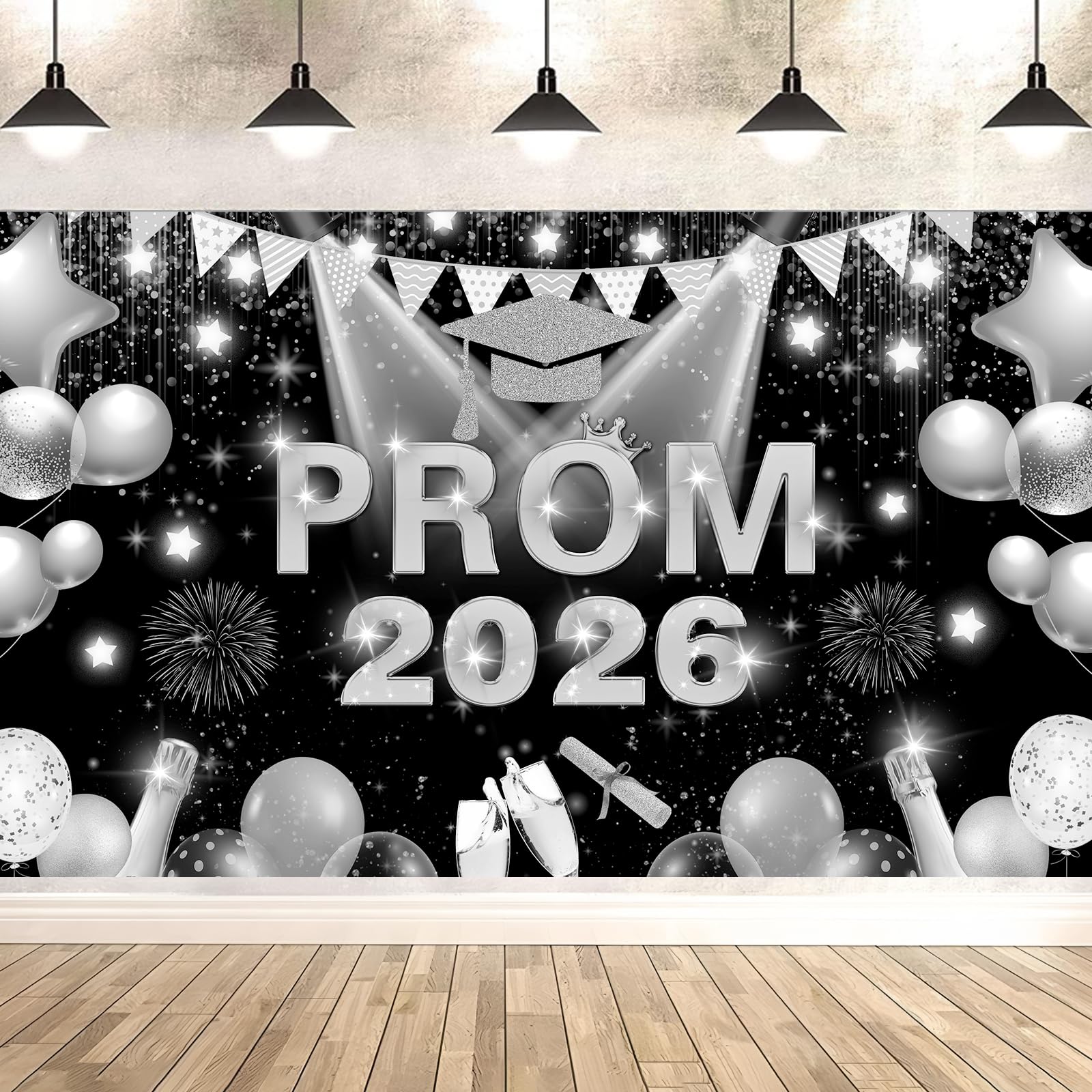 Prom Banner Decorations 2026 Large Prom Night Backdrop Photo Background Graduation Banner 2026 for 2026 Graduation Party Supplies (Silver and Black)