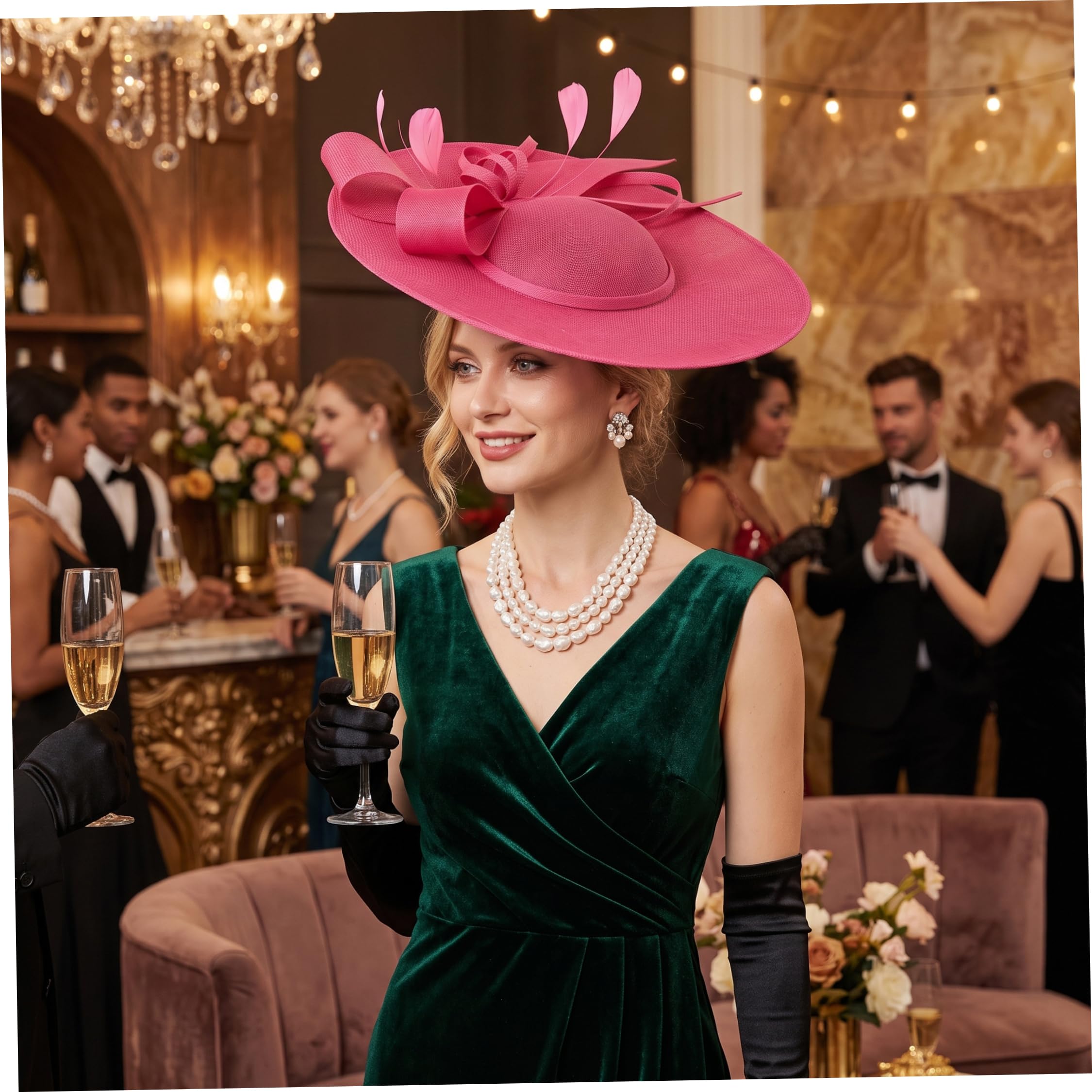 Cappelli da tè da donna, cappelli da fascinator con fiocco da donna rosa rosso 40 cm
