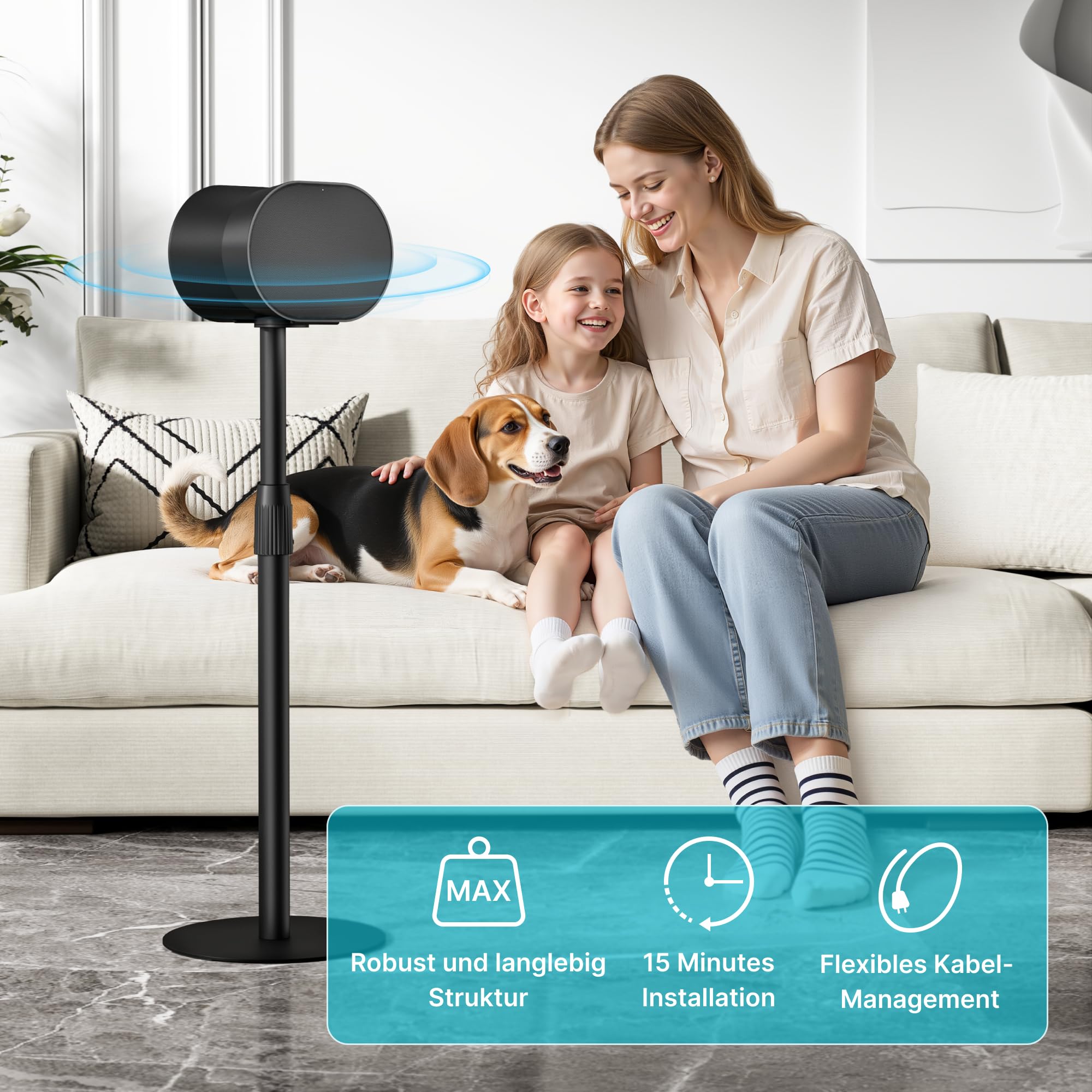 PEGZONE Höhenverstellbare Lautsprecherständer kompatibel mit Sonos Era 100&300, 68,2-106,8 cm, 5 kg Traglast, Anti-Rutsch-Basis Ø 30 cm, Schwarz