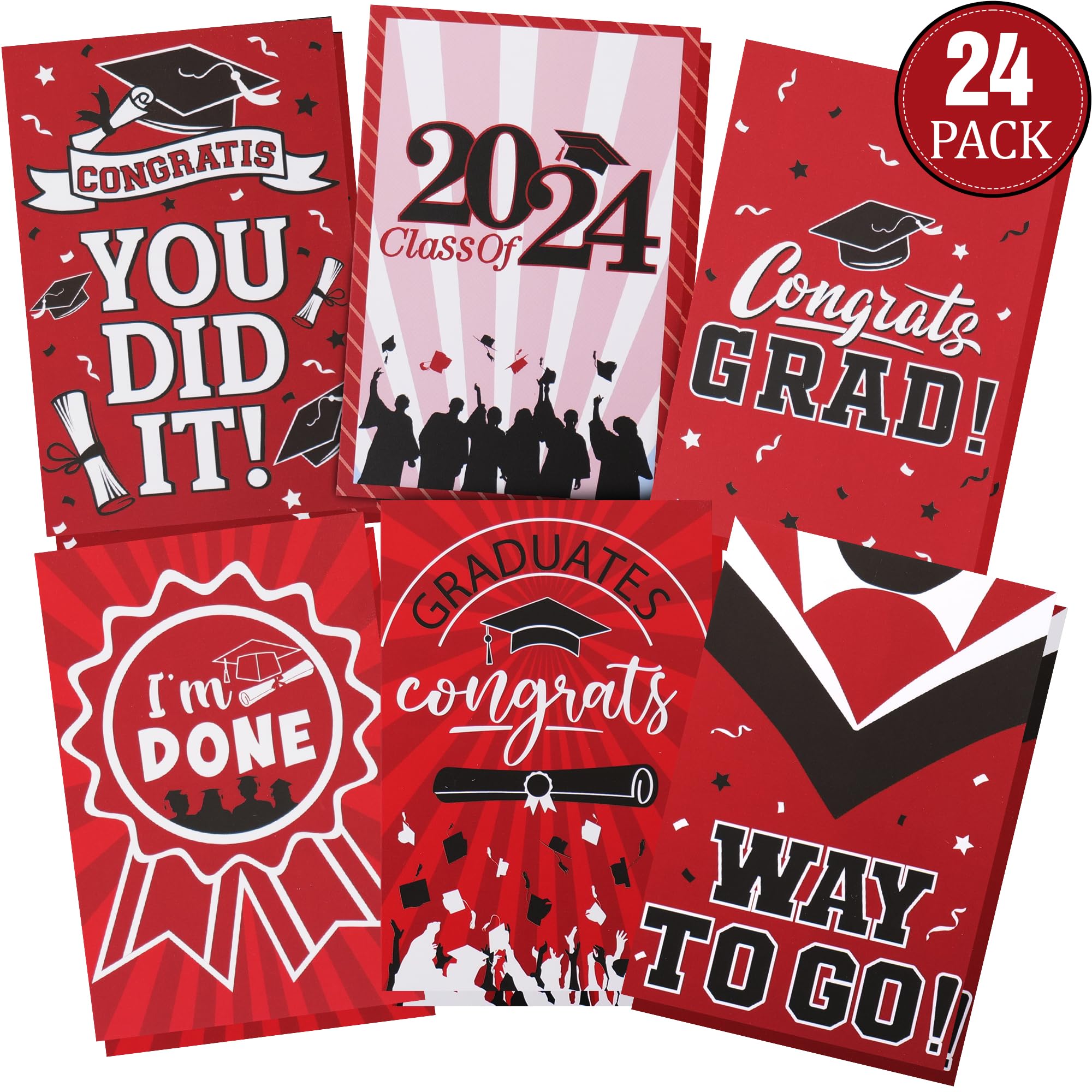 Photo 1 of Graduation Card 2024, Bulk 24 Pack Graduation Cards with Sealing Stickers and Envelopes, Graduation Gift Cards Red, Black and White Designs Red and Black
