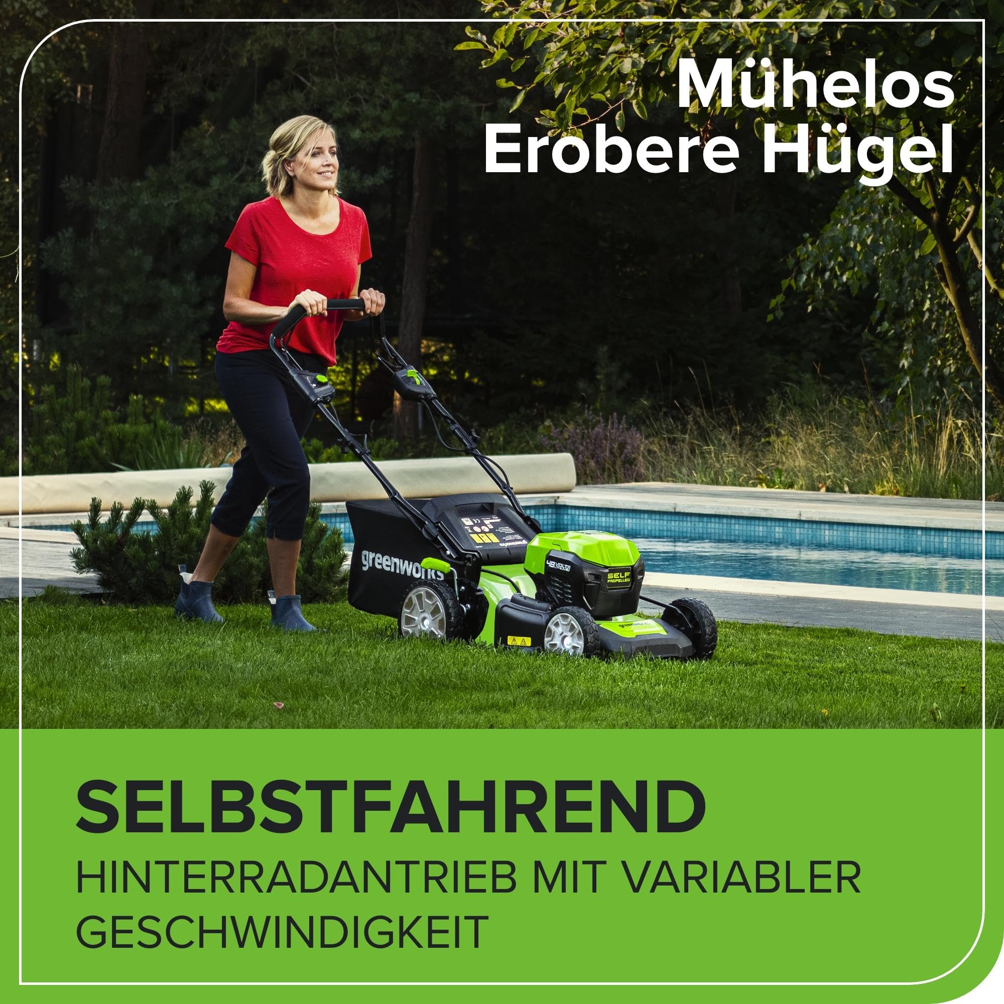 Greenworks Selbstfahrender Akku Rasenmäher 48V (24V x 2) bis zu 480m², 46cm Schnittbreite, 55L Sack Rasenmäher Elektro Plus Zwei 4Ah-Akkus und Doppelladegerät,3 Jahre Garantie,GD24X2LM46SPK4X