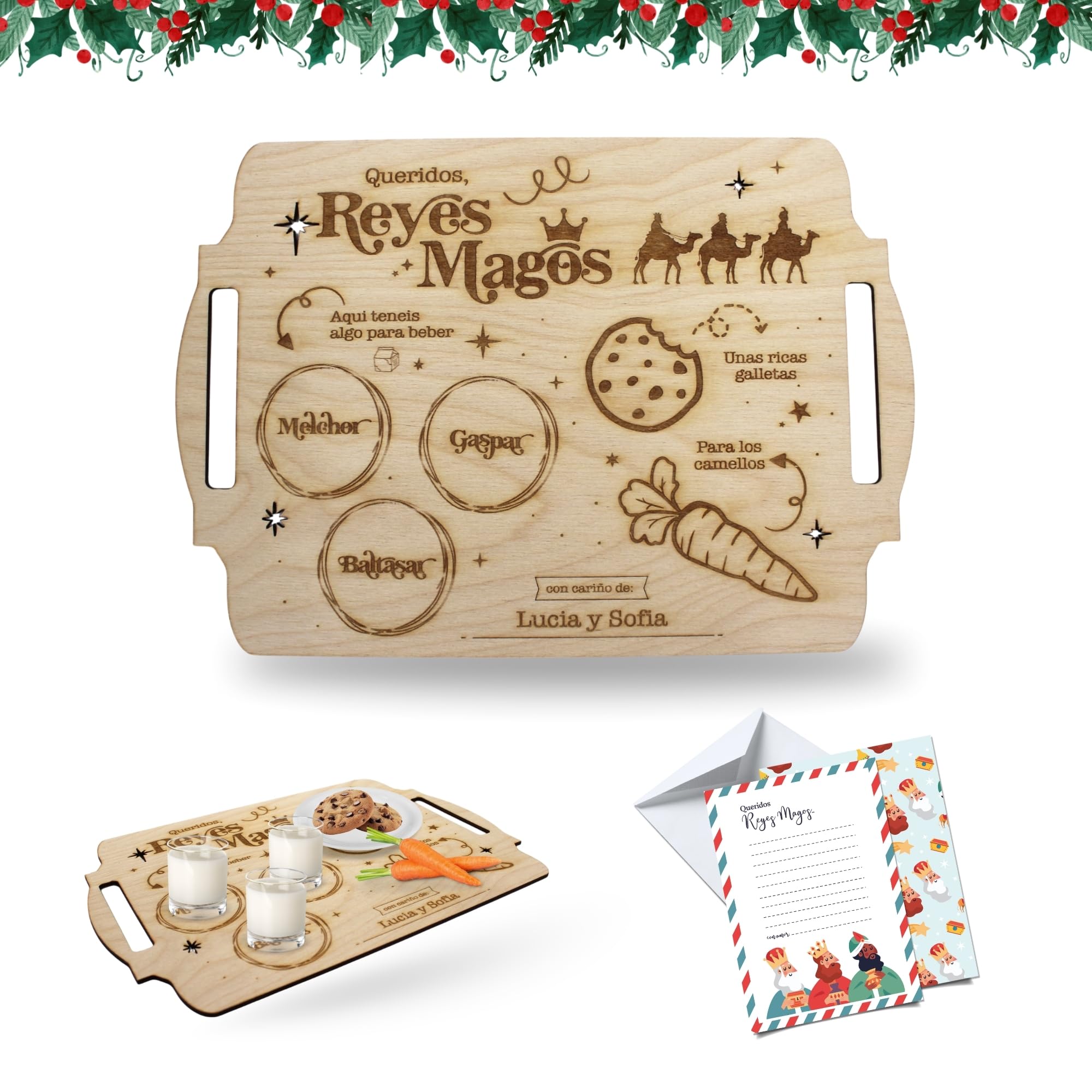 Ayurvana Bandeja Reyes Magos Personalizada para Niños - Galletas, Leche y Zanahorias para Melchor, Gaspar y Baltasar - Regalo Original Navidad - Decoración Navideña Infantil (30cm x 20cm)