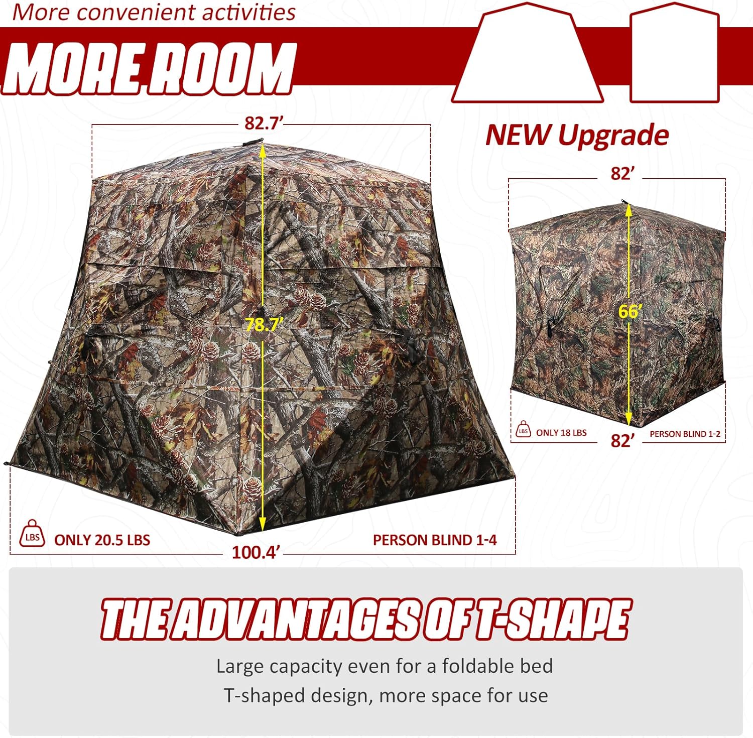 Extra Large 360 See Through Wide Bottom Hunting Blind with Portable Hunting Chair, Extra Large Ground Blinds for Deer Turkey Duck Hunting, Adjust Windows with Silent Zipper(Camo Pine-Cones)