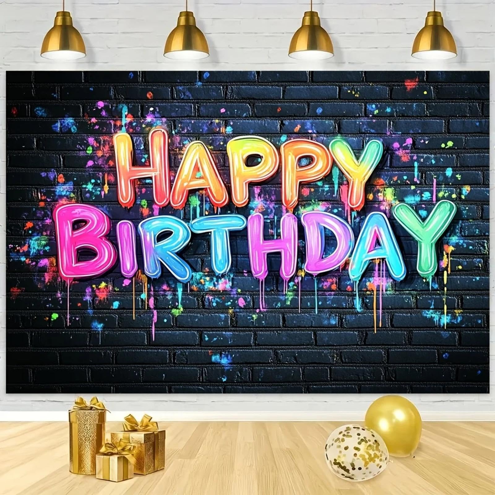 1 Banner de Fondo de Pared de ladrillo Estilo Graffiti Feliz cumpleaños con diseño de Salpicaduras Colorido Disponible en Varios tamaños