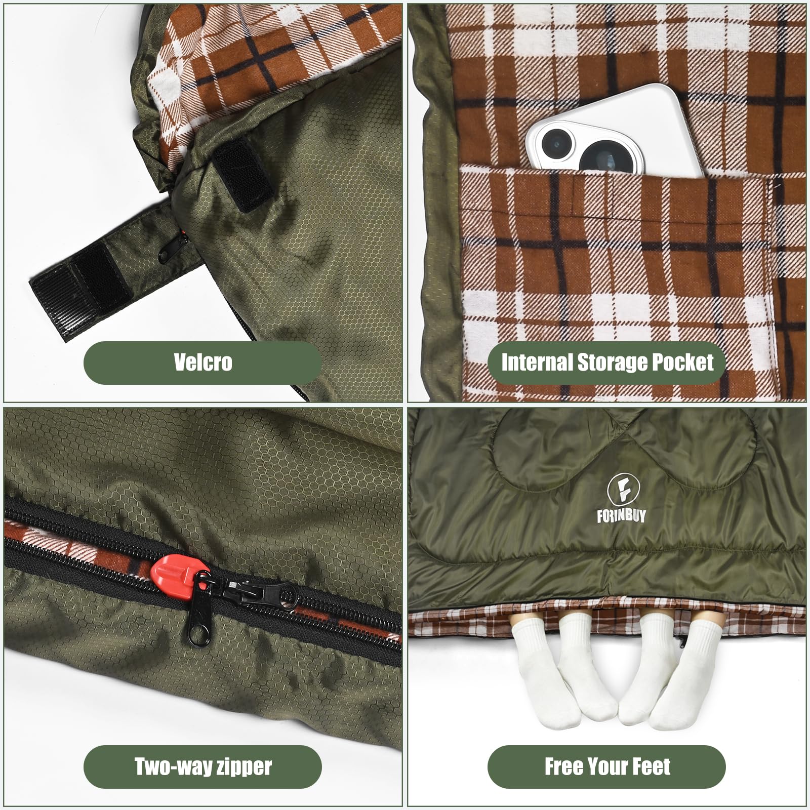 Saco de Dormir Doble Franela para Adultos, 230 x 160 cm | 4 Estaciones, para 2 Personas, impermeable, Cuatro Cremalleras Dobles, Ideal para, camping, caza y viajes en coche, 4.0 kg