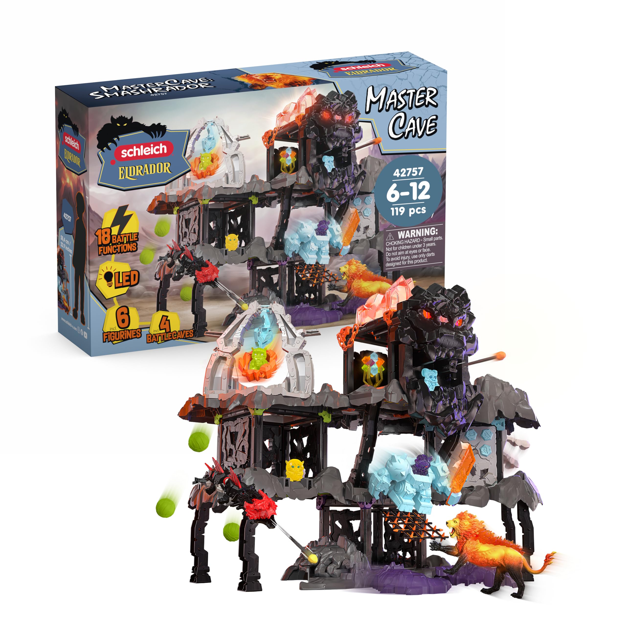 schleich ELDRADOR CREATURES | MasterCave Smashrador 42757 | Zestaw z 4 grotami BattleCave, 4 Mini, robotem, lawowym lwem i Super Kryształem | Wiele funkcji i akcesoriów | Od 6 lat | 119 elementów