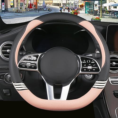 Linda funda para volante en forma de D para mujeres y hombres, transpirable, universal, de 15 pulgadas, color negro y rosa