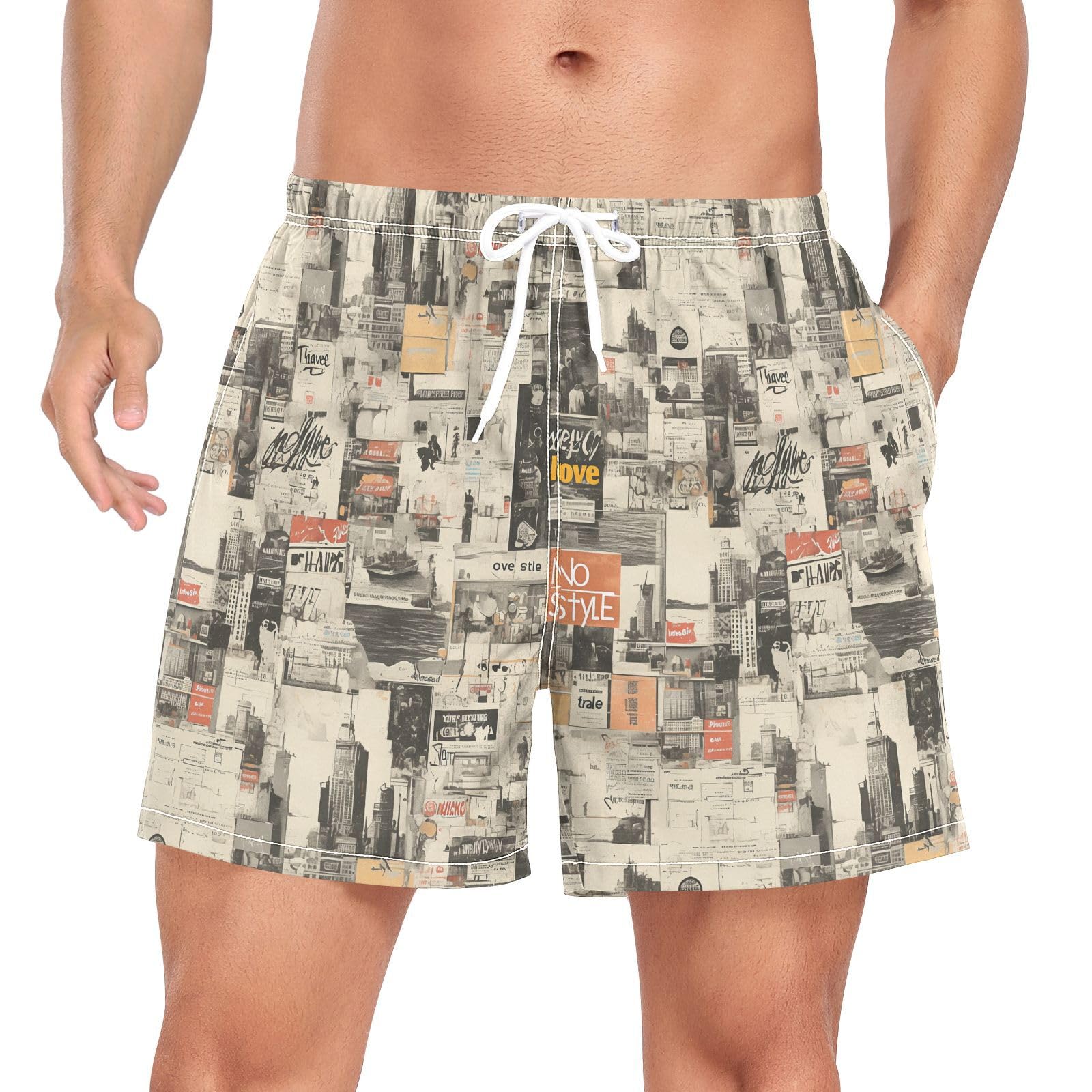 JUNZAN Men's Swimwear Trunks Mens 2 in 1 Workout Running Shorts with Pockets and Compression Liner Beach Board Shorts Quick Dry ElasticVintage Newspaper Texture