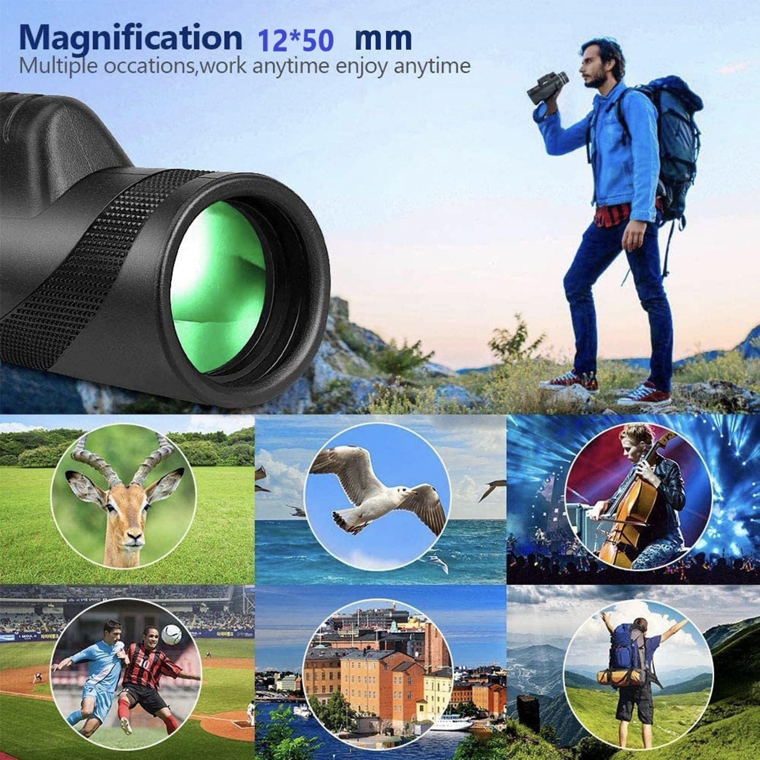 Telescopio Monocular, Monocular 12x50, Monoculo Telescopico, Prisma BAK4 de Alta Potencia y monoculares FMC para Senderismo Observación de Aves Caza Camping