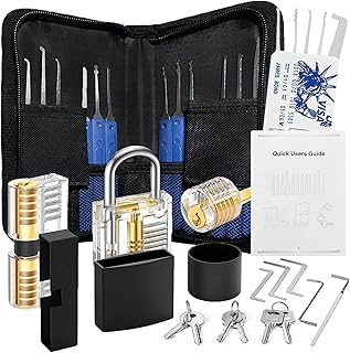 2023 OWISUEE Lock Picking Kit, 3 Transparent Locks and Black Hat for Blind Training Lockpick Set, Bonus E-Guides for Beginner & Also Work as Pro Locksmiths Tool Lock Picking Set, Gadgets for Men