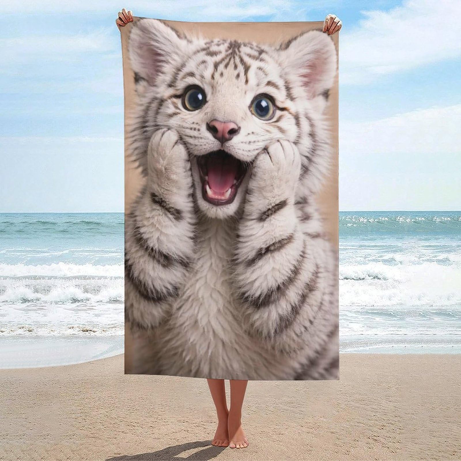 Serviette de plage ultra-absorbante et légère motif tigre blanc