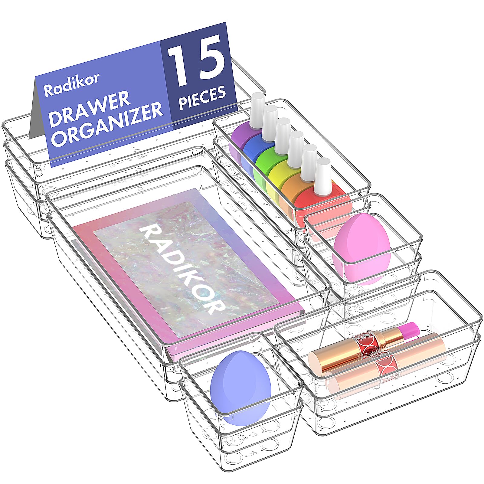 Radikor Organizer Cassetti 15 Pezzi, Organizer Trucchi Cassetti in Plastica Trasparente, 4 Dimensioni, Contenitori Cassetti per Bagno, Cucina, Trucchi, Scrivania