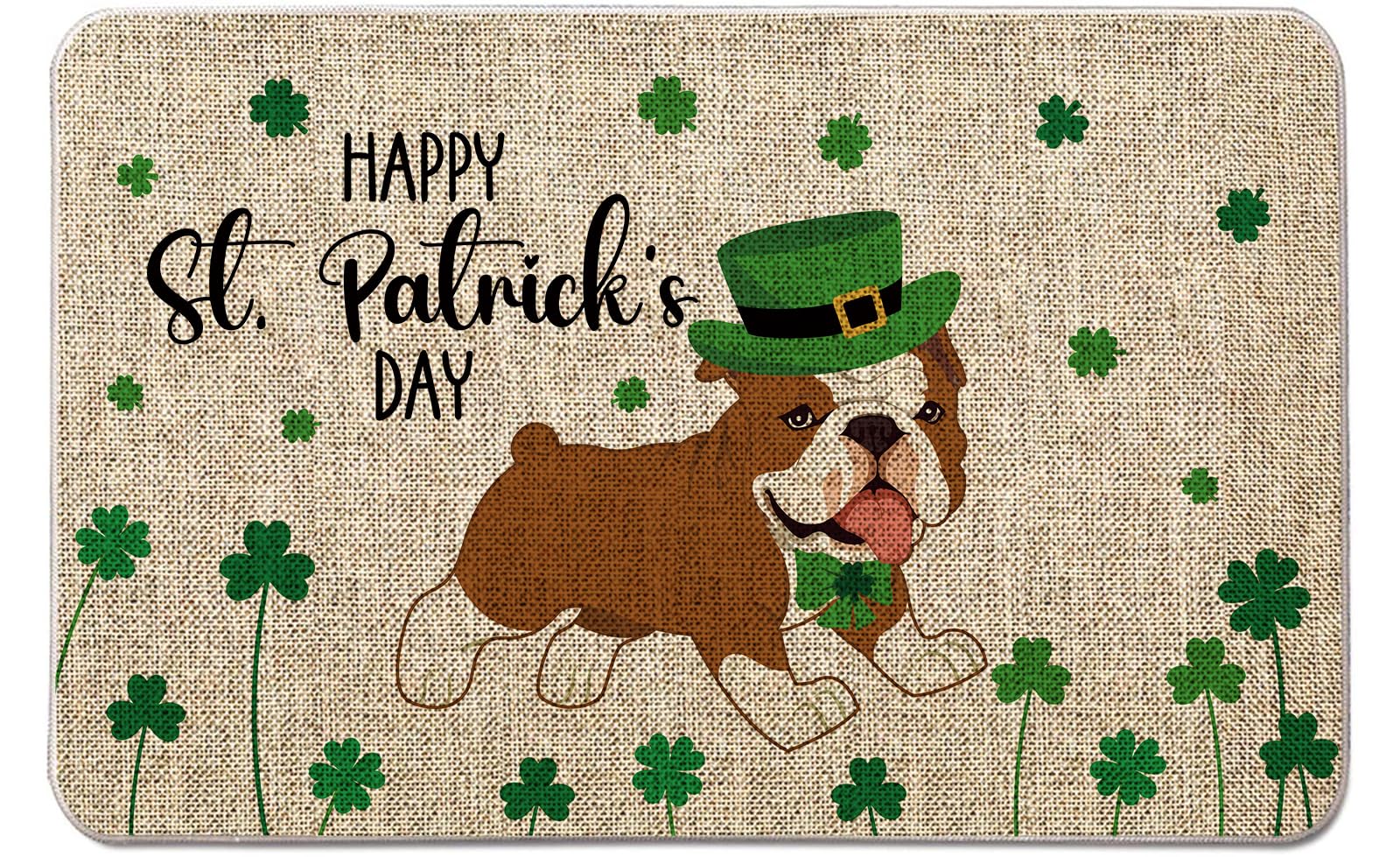 QIONG MENG St Patricks Day Door Mat English Bulldog Welcome Doormats Dog Entrance Rugs Farmhouse Home Kitchen Floor Front Door Mat for Indoor Outdoor 17 x 27 Inch