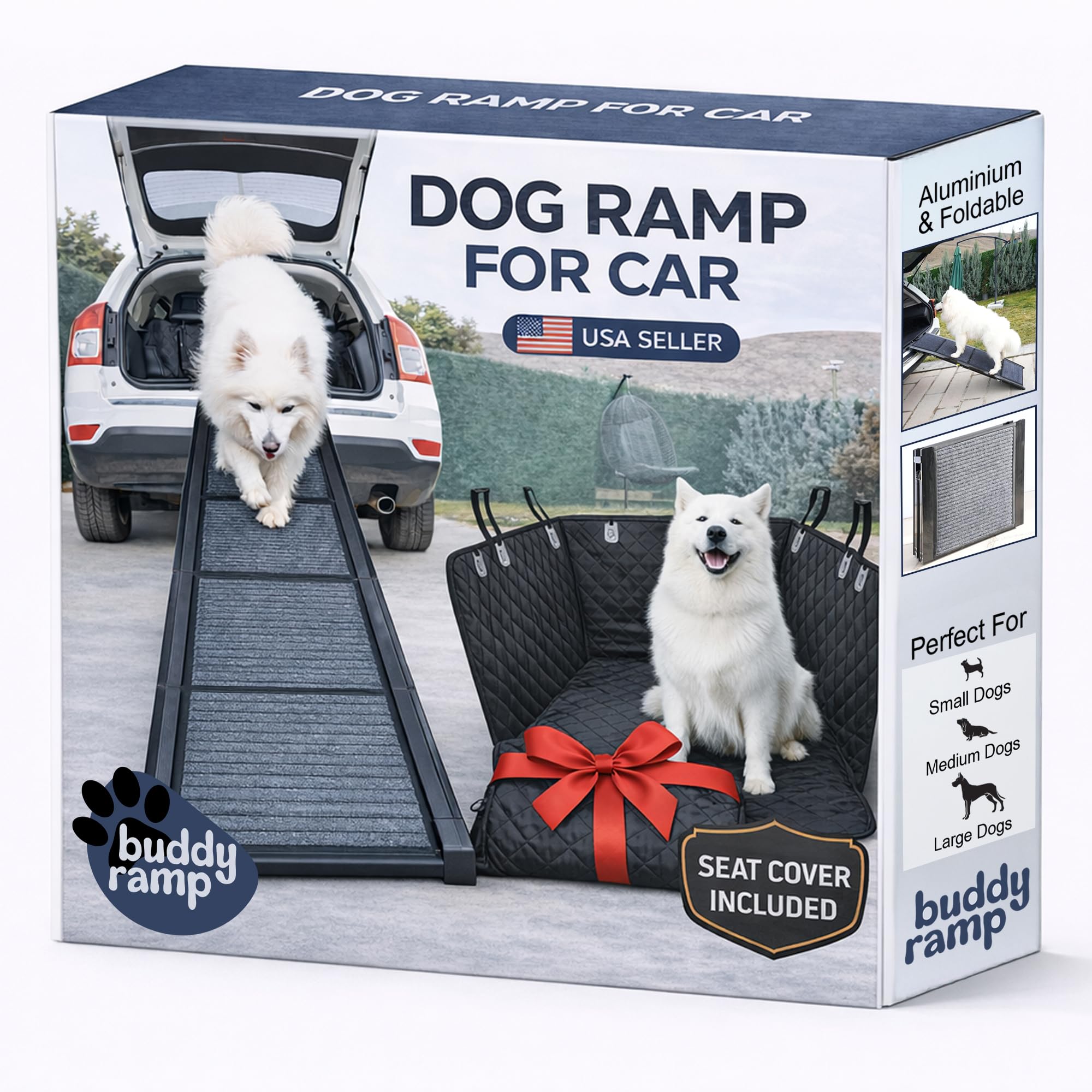 Dog Ramp for Car & Back Seat Cover Bundle – 63” Foldable Non-Slip Dog Ramp + Waterproof 57” Bench Seat Protector – Portable Pet Ramp & Car Seat Cover for SUV, Truck & Car Travel