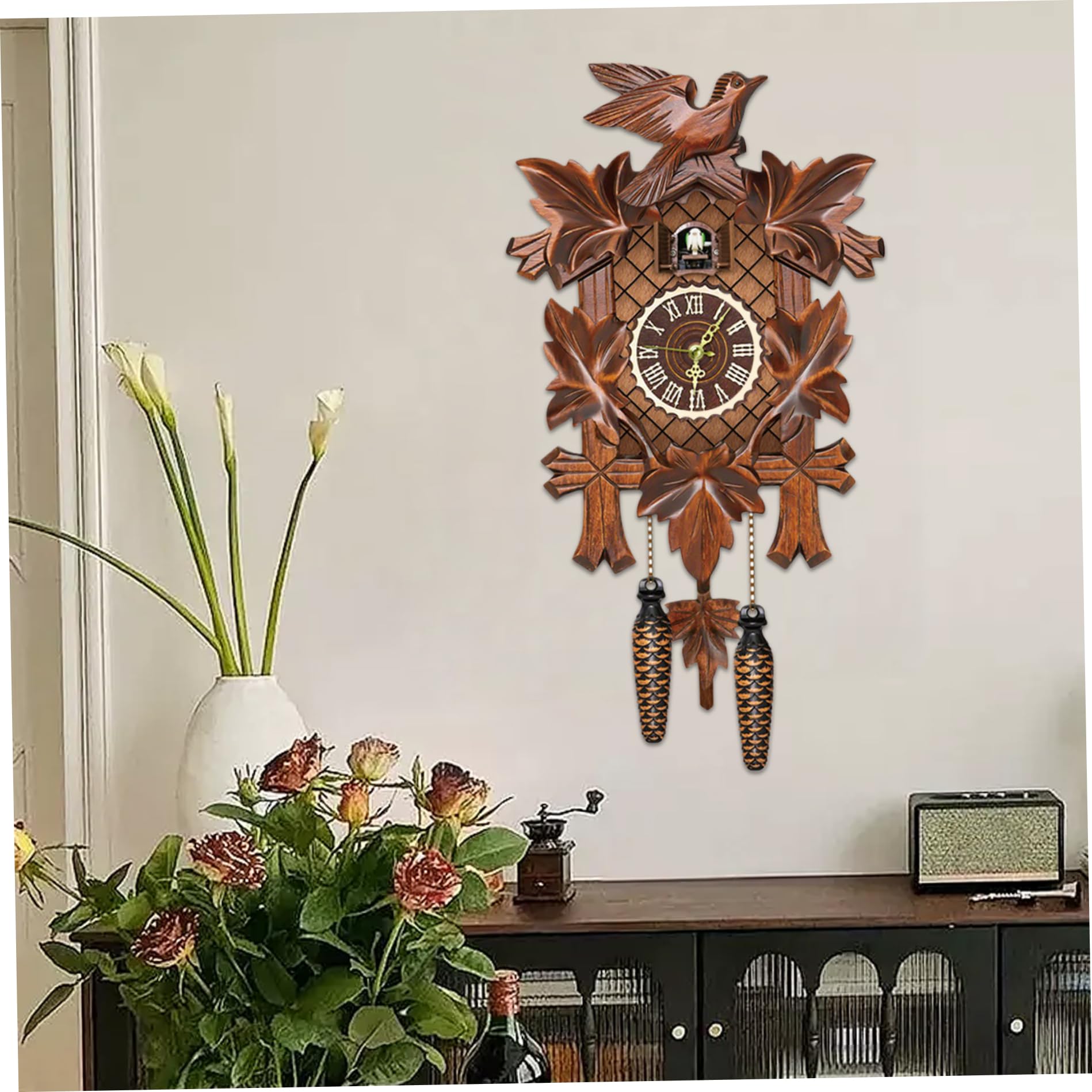 Horloge à Coucou en Bois avec Pendule d'oiseau Qui Travaille – Horloge Murale Coo Coo avec Mode Nuit pour Salon, Chambre à Coucher, Pendaison de crémaillère