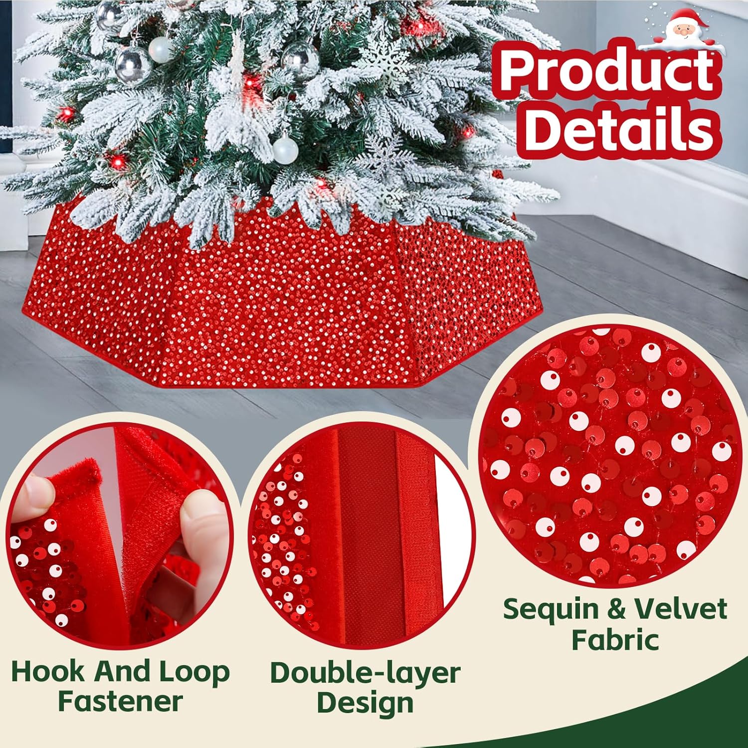 Red Christmas Tree Collar 31.49 Inch Sequin Foldable Christmas Tree Ring Velvet Tree Skirt Cover for Xmas Pencil Tree Holiday Decor