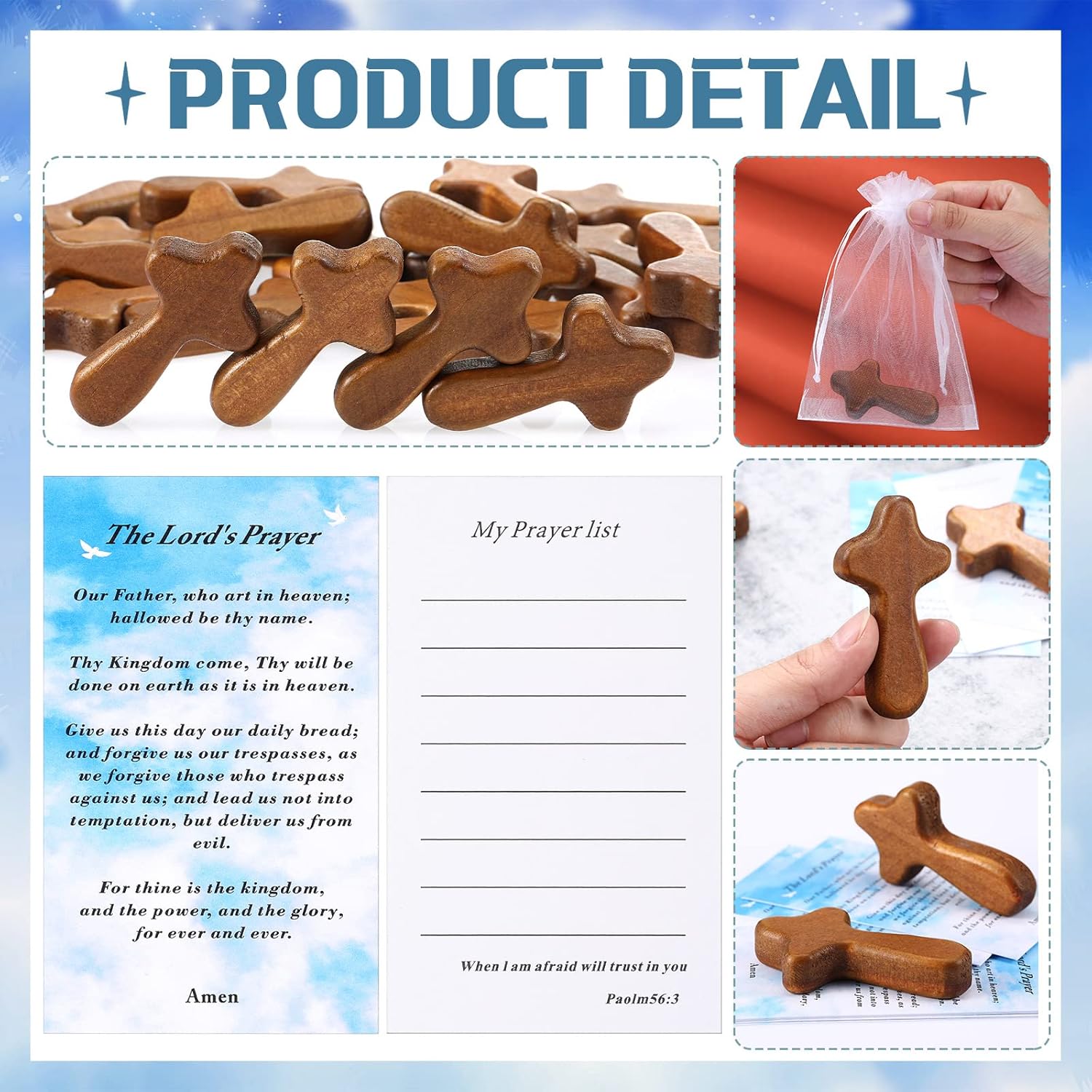 24 Pack Wood Holding Crosses Set 24 Mini Hand Holding Cross 2.56 Inch Pocket Crosses with 24 Bible Prayer Cards and 24 Organza Bags Caring Cross for Christian Church Jesus Religious Gift