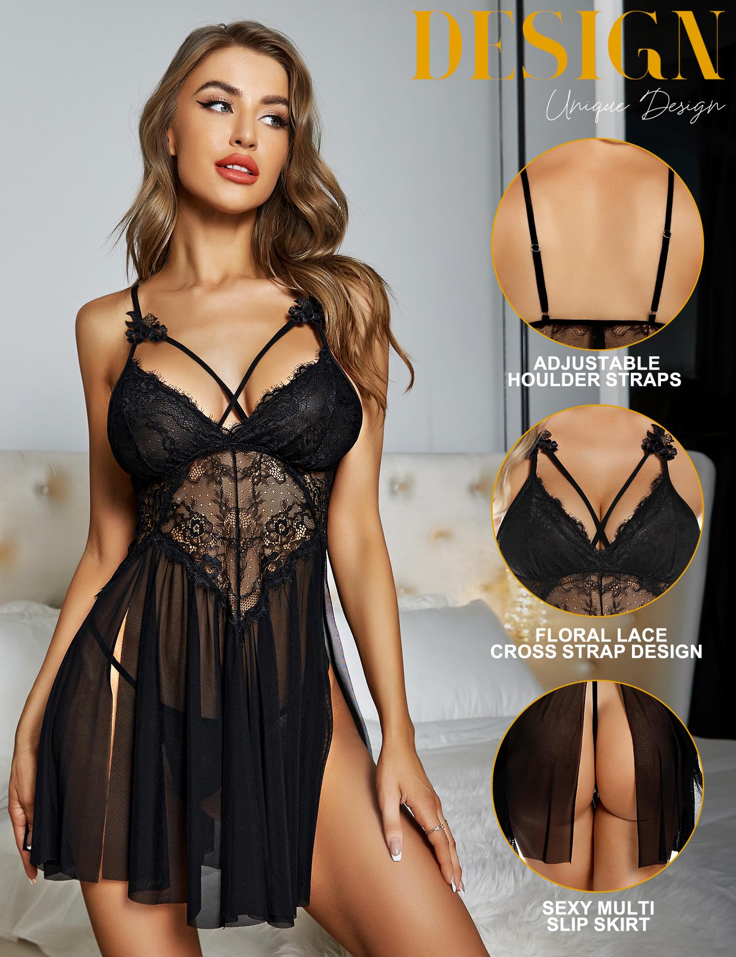 RSLOVE Babydoll Donna Sexy Camicia da Notte in Pizzo Mini Abito