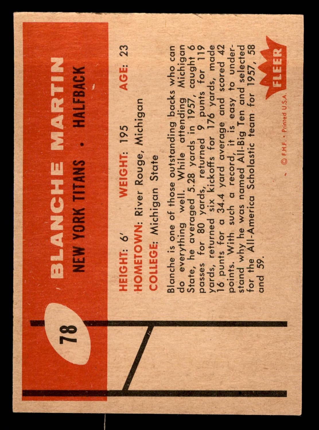 1960 Fleer #78 Blanche Martin New York Titans (Jets) (Football Card) VG/EX Titans (Jets)