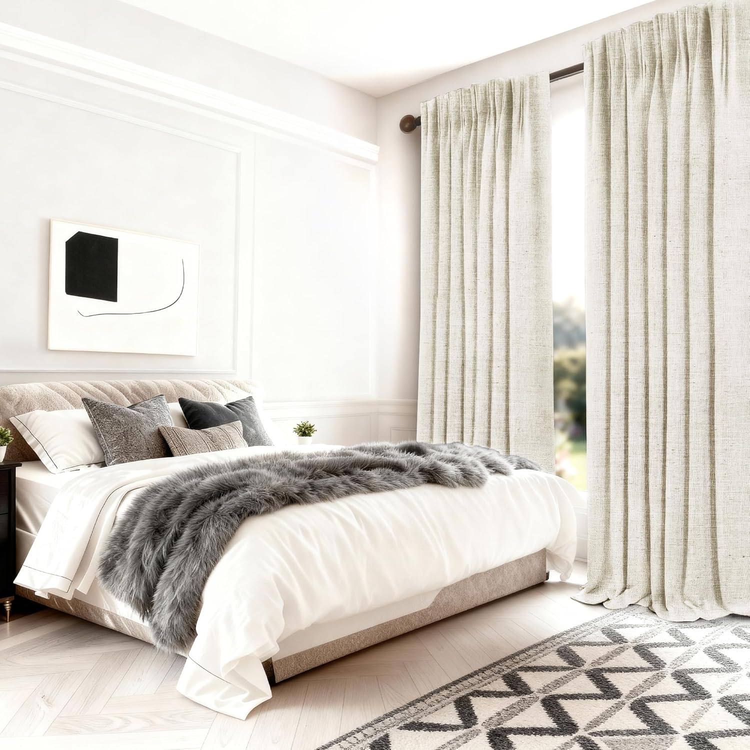 HESTIA Linen Blackout Curtains 108 inches Long 100% Light Blocking Thermal Insulated Drapes Rod Pocket Back Tab Window Curtain for Living Room Bedroom,White,2 Panels (52" W x 108" L)