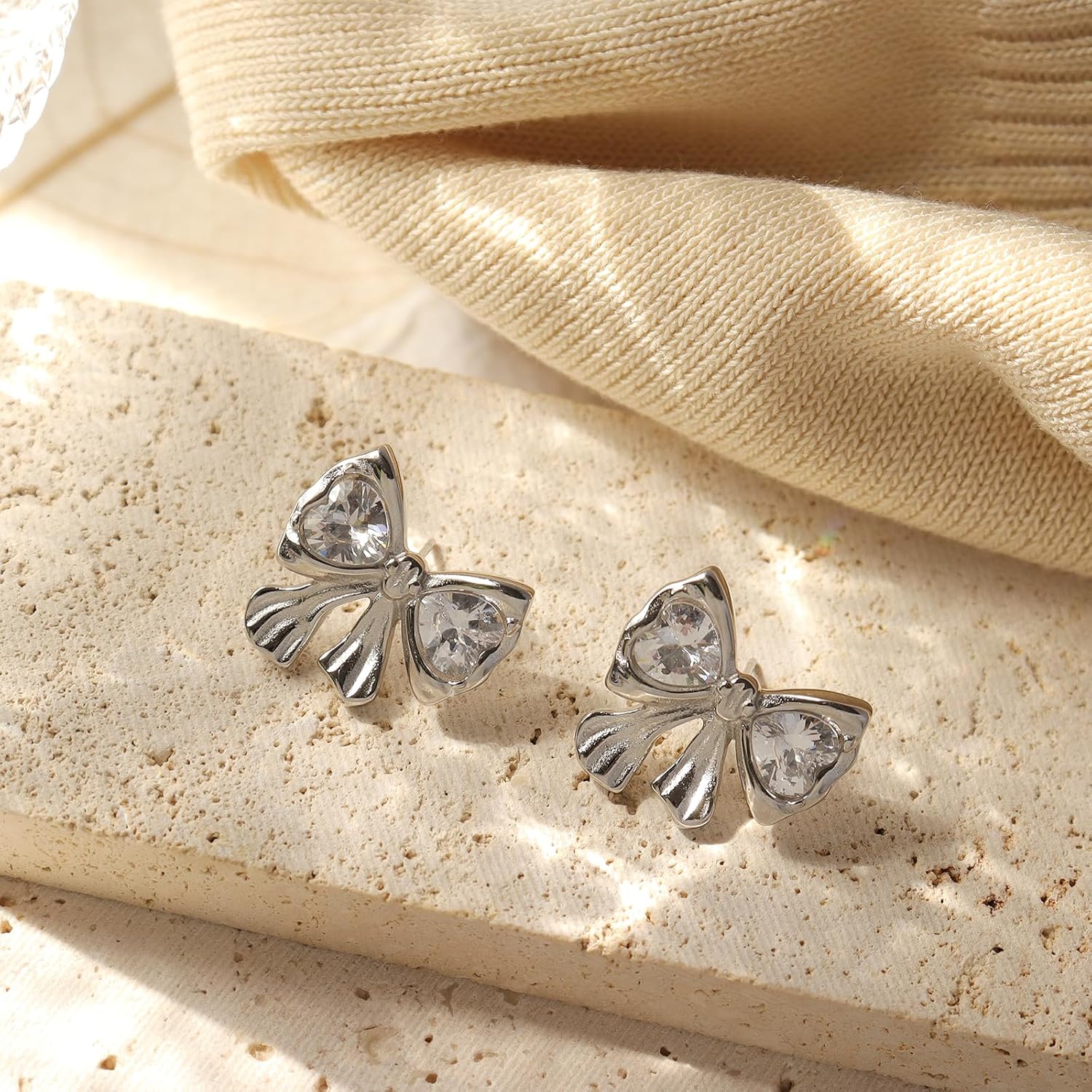 Chunky Silver Crystal Rhinestone Bow Stud Earrings for Women,Statement Fashion 14K Gold Heart Cubic Zirconia Ribbon Earing Wedding Prom Jewelry Gift - Image 5