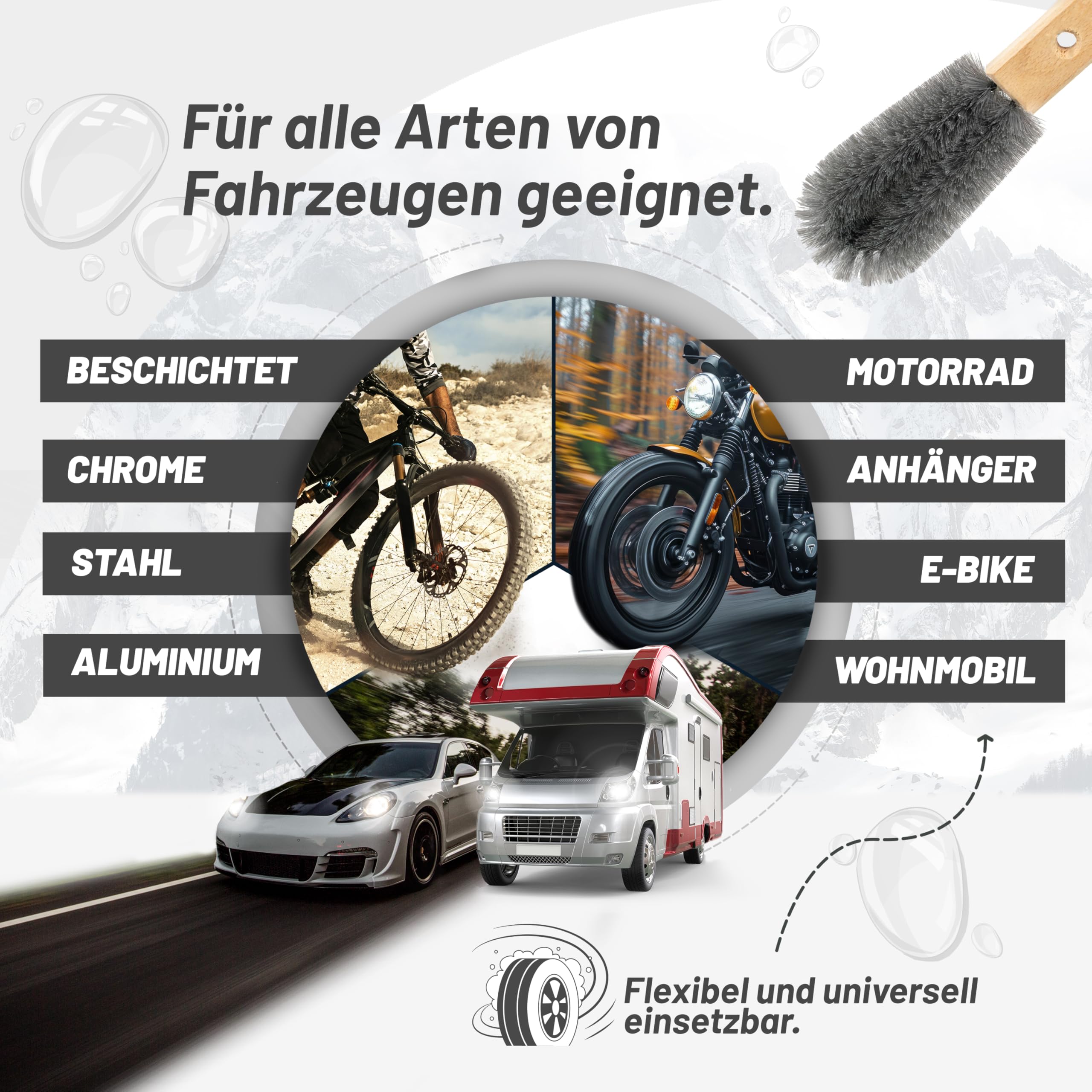 ORGAFLIX Szczotka premium do felg i felg 2 w 1, odporna na zarysowania, z miękkim syntetycznym włosiem, szczotka do mycia samochodu, motocykla, roweru, roweru elektrycznego i kampera – Made in Germany