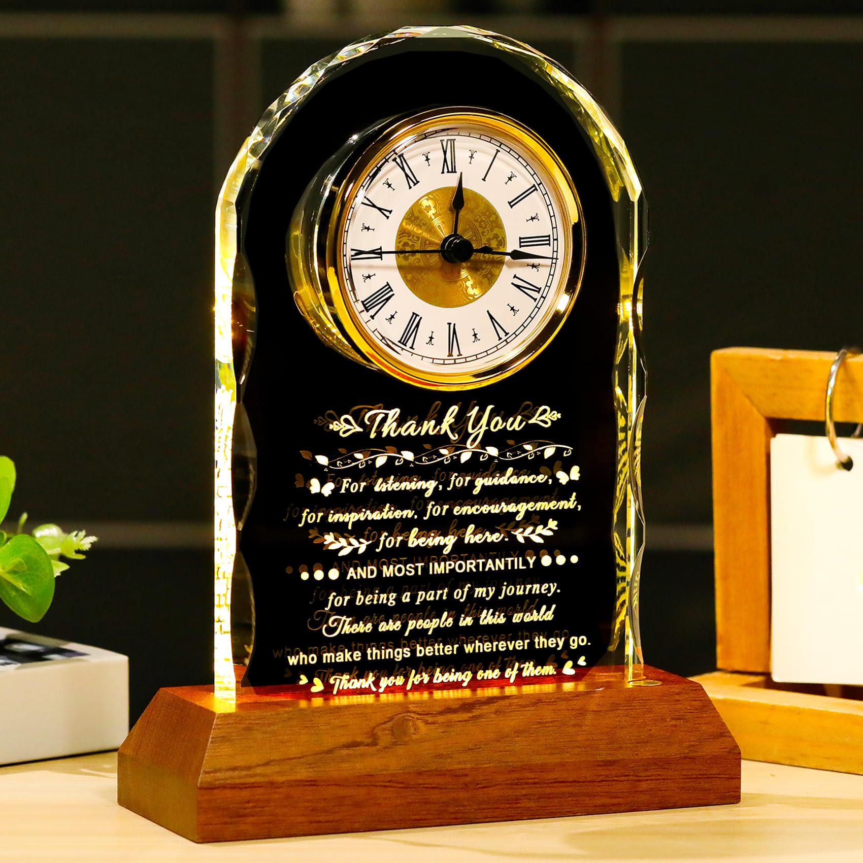 Ornalrist Thank You Gifts for Women Men Clock with Wooden Light Base