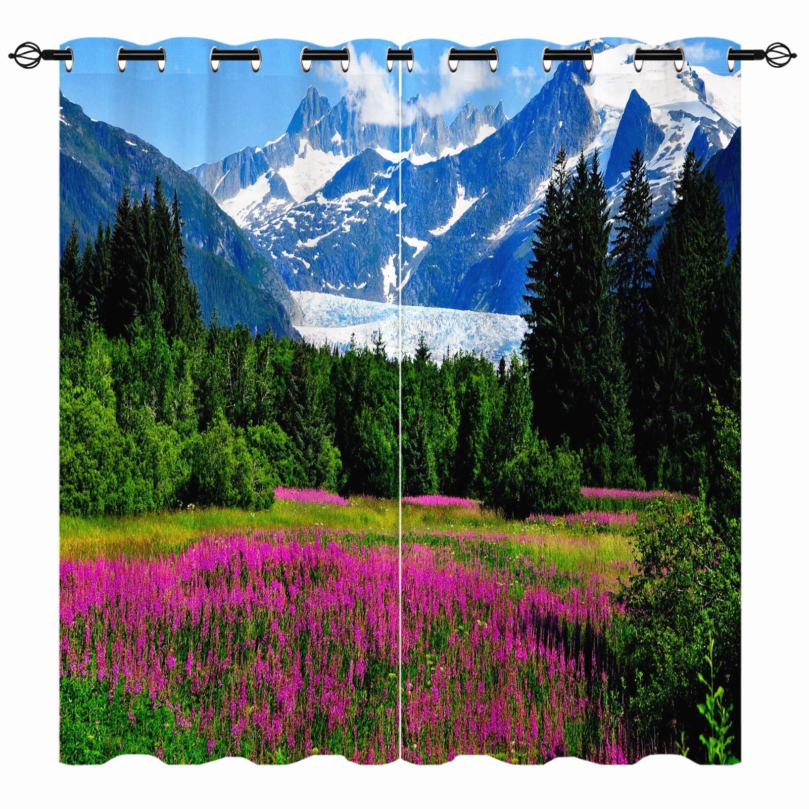 YUANZU Landscape Curtains - Nature Woodland Mountain Flower Green Tree Scenery Print Pattern Eyelet Blackout Thermal Room Darkening Window Drapes for Bedroom Living Room 2 Panels W229cm x D183cm โ image 1