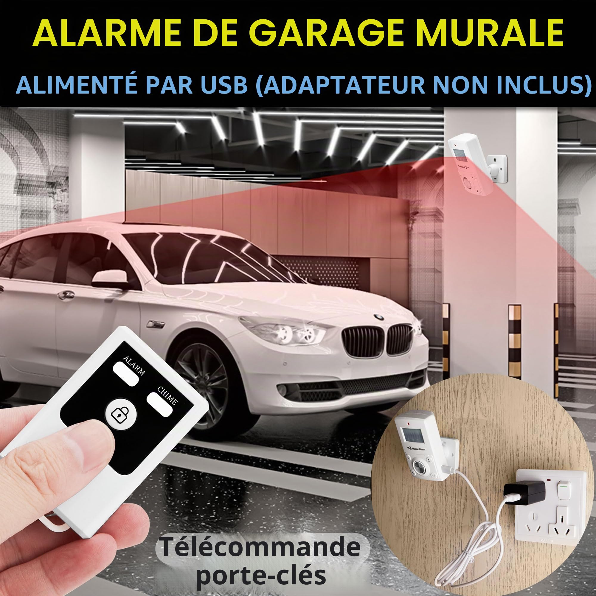 Alarme Détecteur de Mouvement 135dB avec Télécommande - Sirène Puissante 135 Décibels pour Garage, Abri, Intérieur - Sécurité Anti-Intrusion Maison - Portable avec Clavier, Batterie ou USB