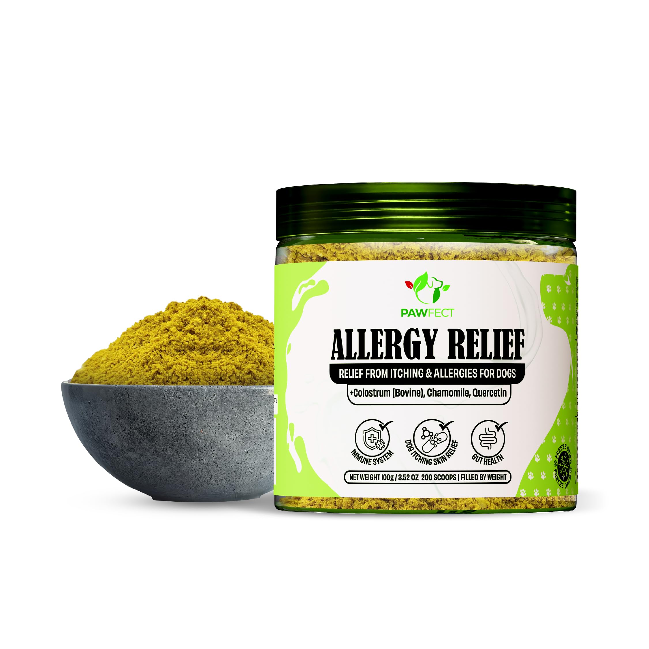 Pawfect Allergy Relief Food Topper Supplement for Dogs - Colostrum with Chamomile & Quercetin - Itching Relief - Immune Support - Healthy Gut Microbiome - Fights Seasonal Allergies (120g/4.23oz)