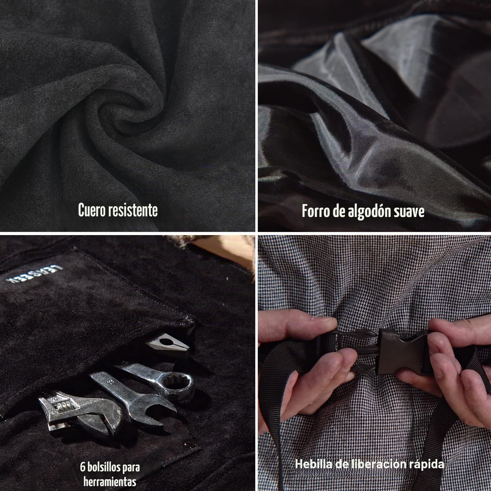 Leaseek Delantal de trabajo de cuero – 6 bolsillos para herramientas para hombres y mujeres – Delantal de soldadura – Ideal para carpintería, herrería, jardineros, mecánicos, barbacoa