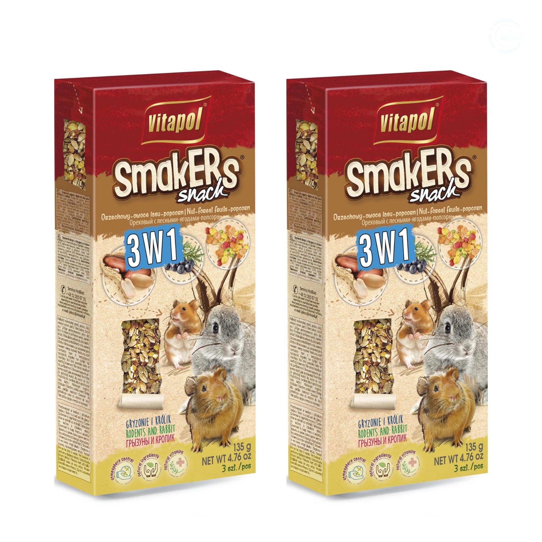 Vitapol Smakers® Natural Treat Sticks for Rodents & Rabbits – Enriched with Fruits, Vegetables, Herbs, Nuts & Probiotic Yoghurt – Healthy Complementary Snacks (6pcs, 270g, Nut-Forest Fruits-Popcorn)
