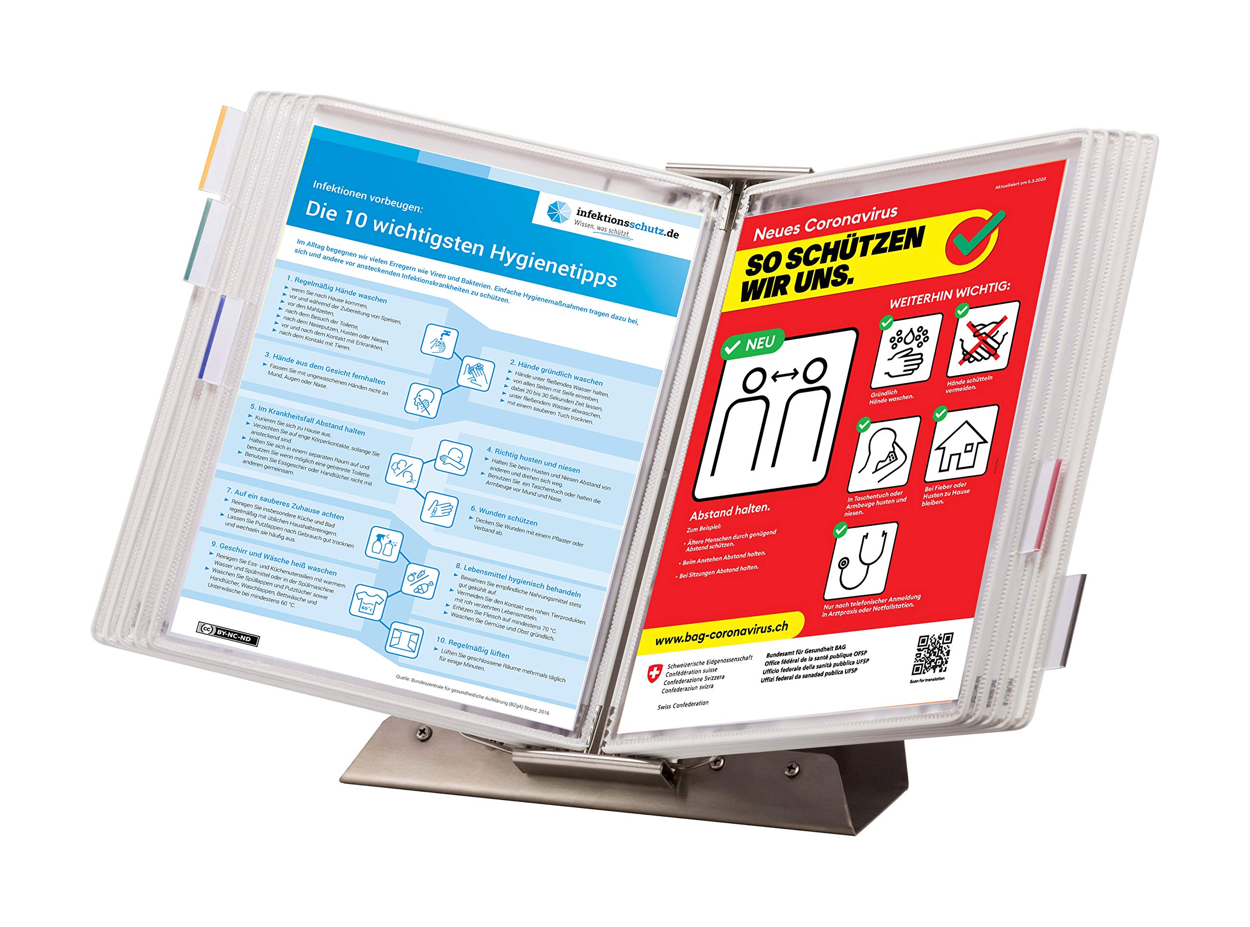 Djois, 434802 - Expositor de Sobremesa A4 en INOX con 10 Fundas Antimicrobianas con Pivotes INOX - PVC con Iones de Plata, Sistema Tarifold para Hospitales, Cocina, Laboratorio y Recepción - Blanco