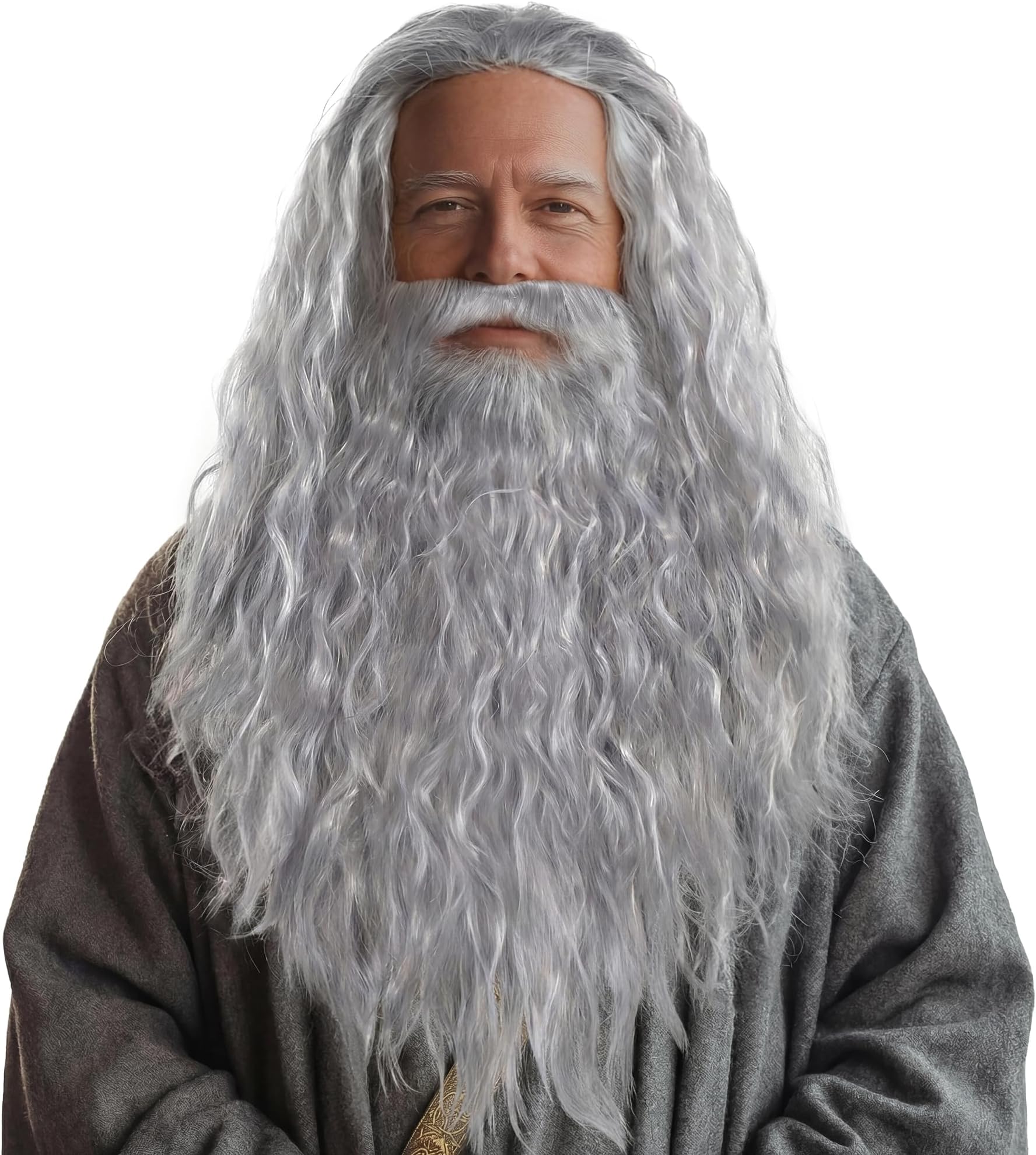 Grey Wizard Beard And Wig - Halloween Funny Father Time Costume Accessory for Adults