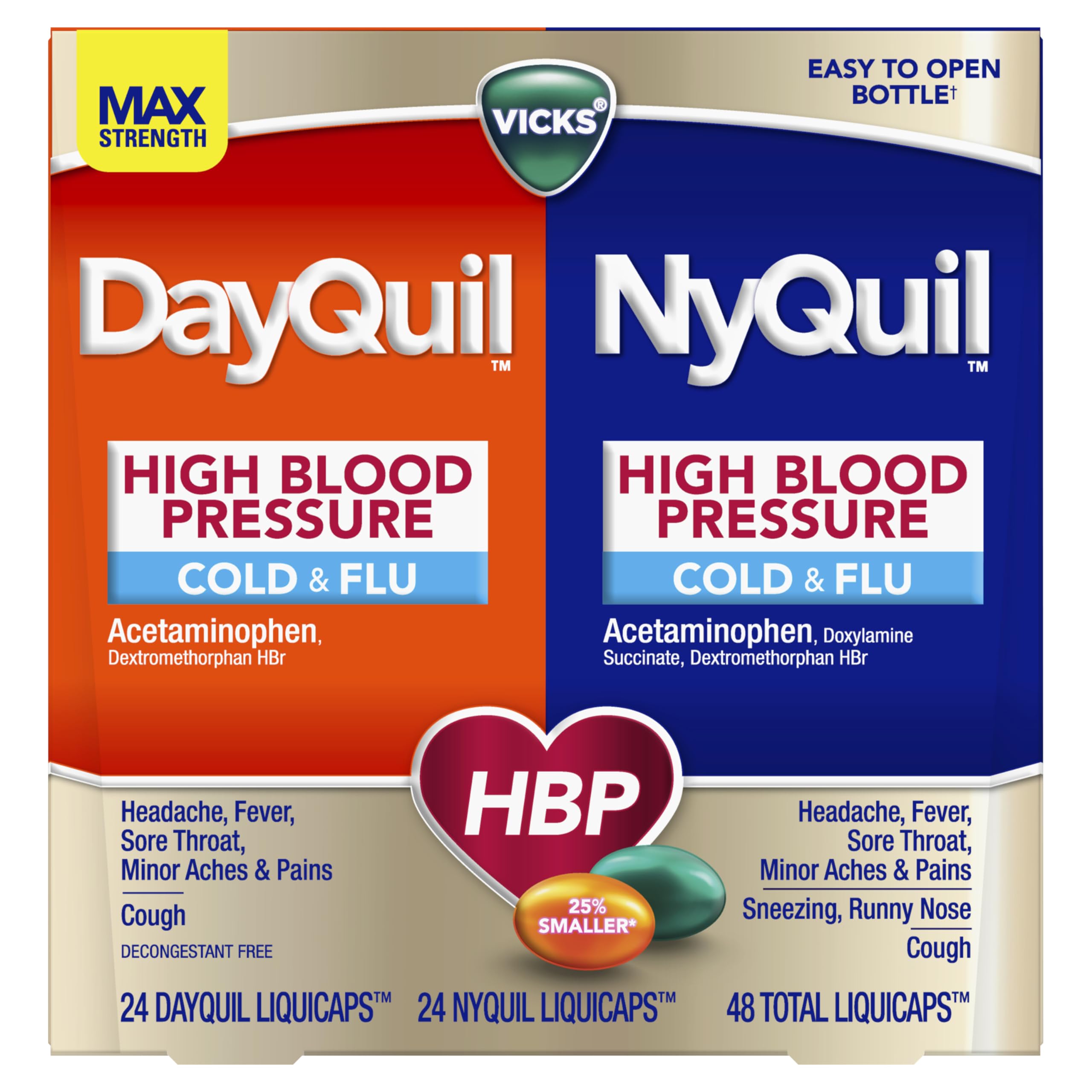 VICKS DayQuil & NyQuil High Blood Pressure Cold & Flu Relief Liquicap 48ct Co-Pack, Powerful Multi Symptom Daytime & Nighttime Medicine for Cold, Cough, and Flu Symptoms, 24ct DayQuil, 24ct NyQuil — Amazon image 11