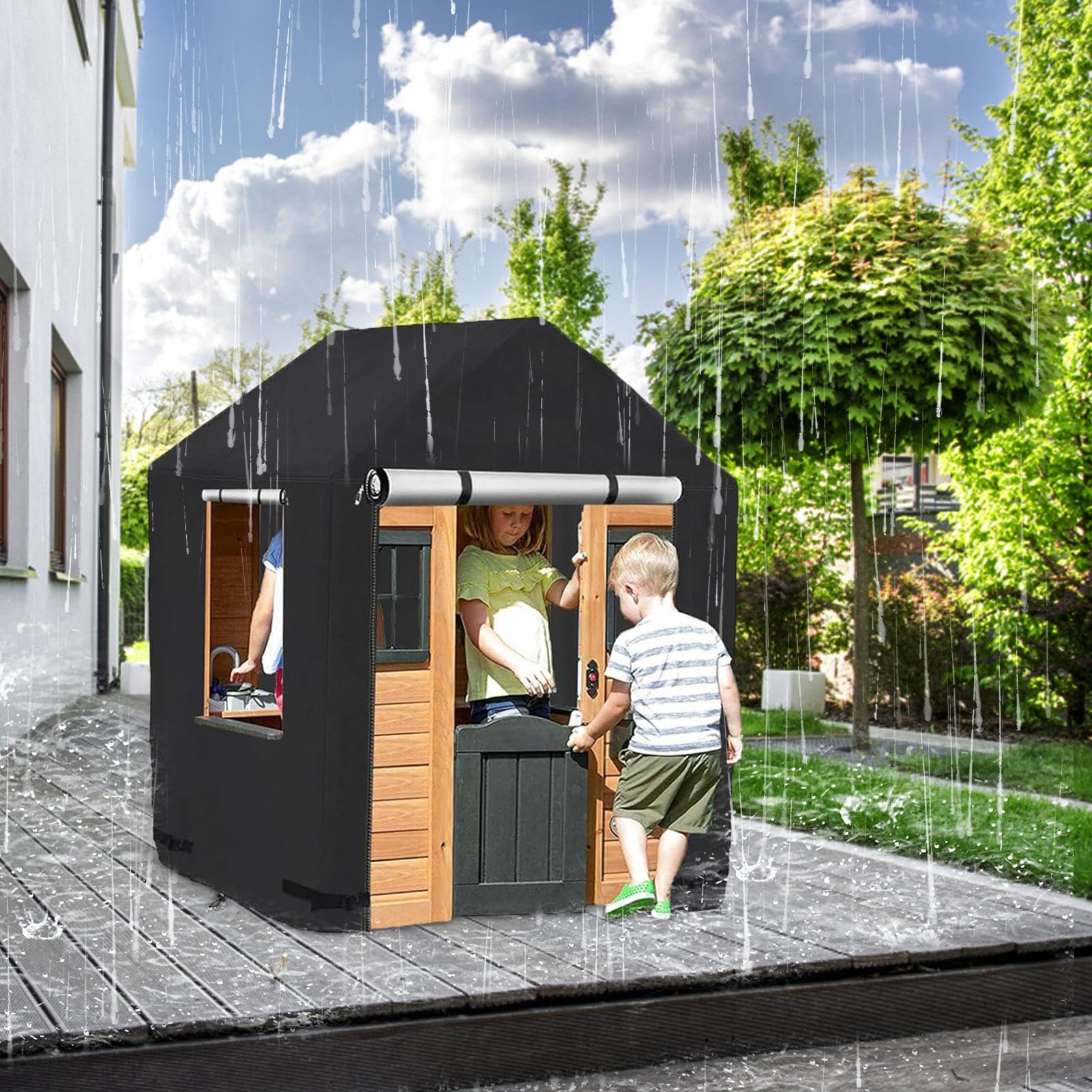 MRWIZMS Outdoor Playhouse Cover - Heavy Duty 420D Oxford, Waterproof & UV-Proof (48"L X 67"W X 64"H)