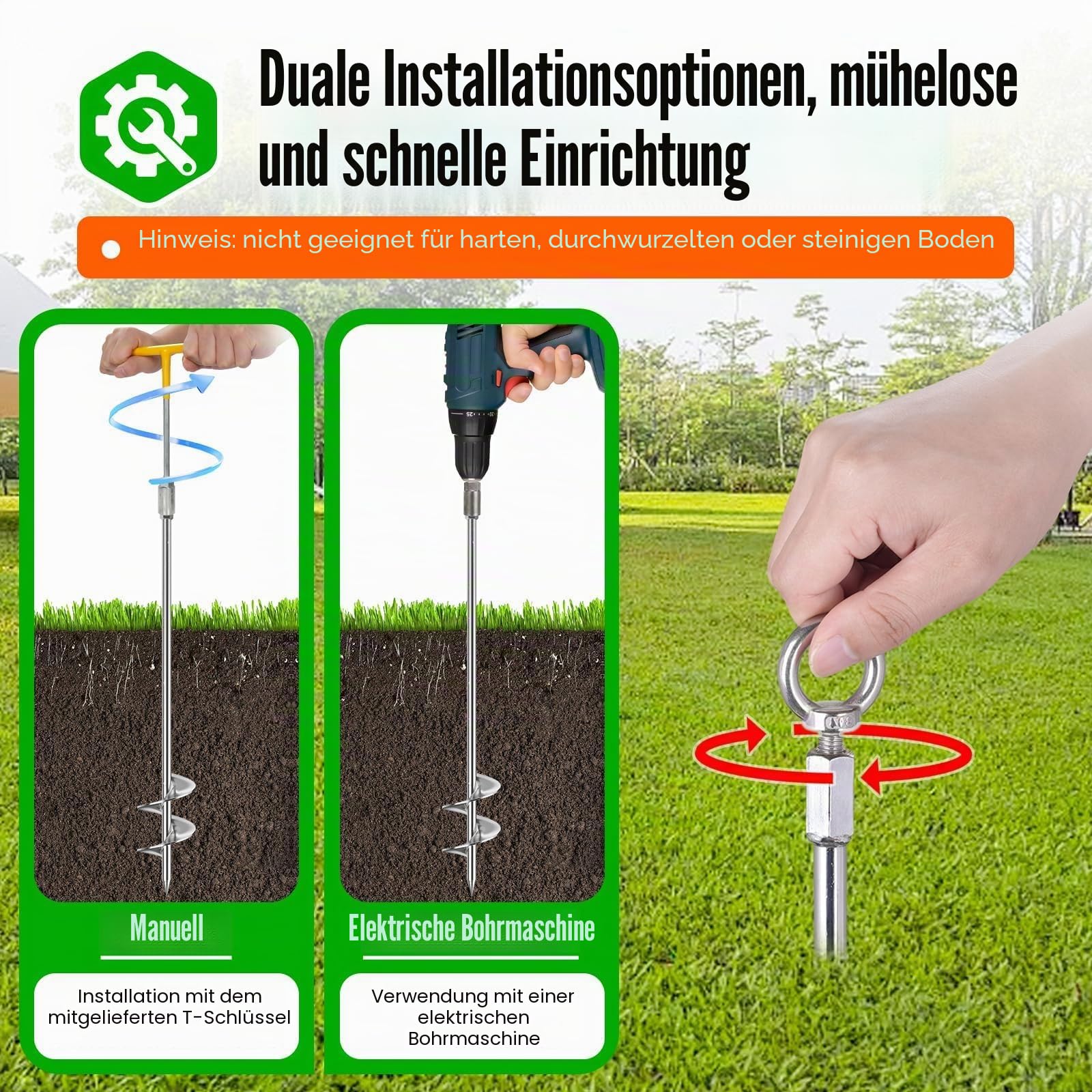 Schwerlast Bodenanker Trampolin 4 Pack, 76cm Schraubanker mit T-Griff & 14 mm Bohradapter,Erdanker Bodenanker für Trampolin, Vordächer, Schaukel, Pavillon